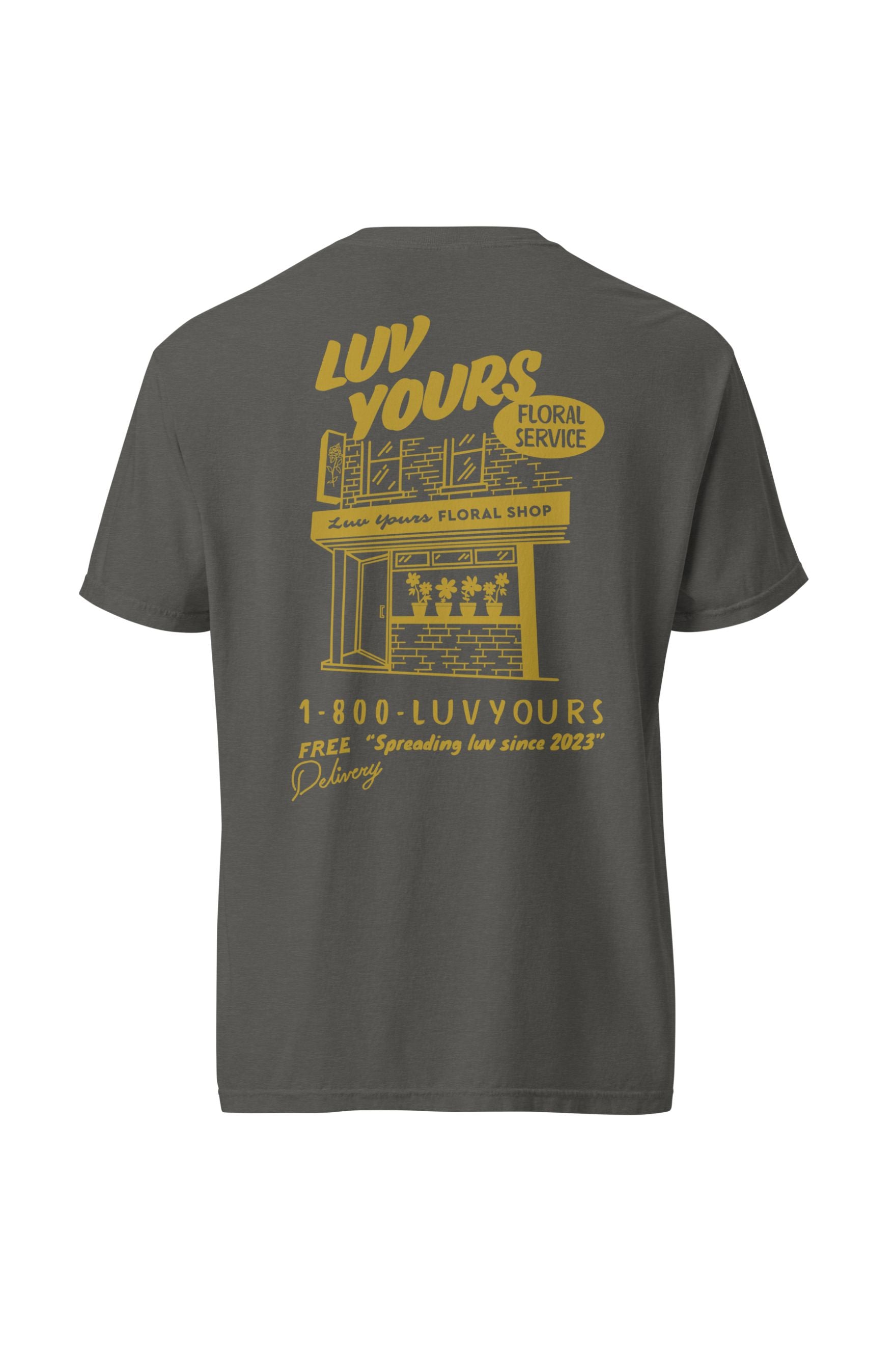 "Luv Yours" charcoal grey t-shirt with yellow detailing and artwork