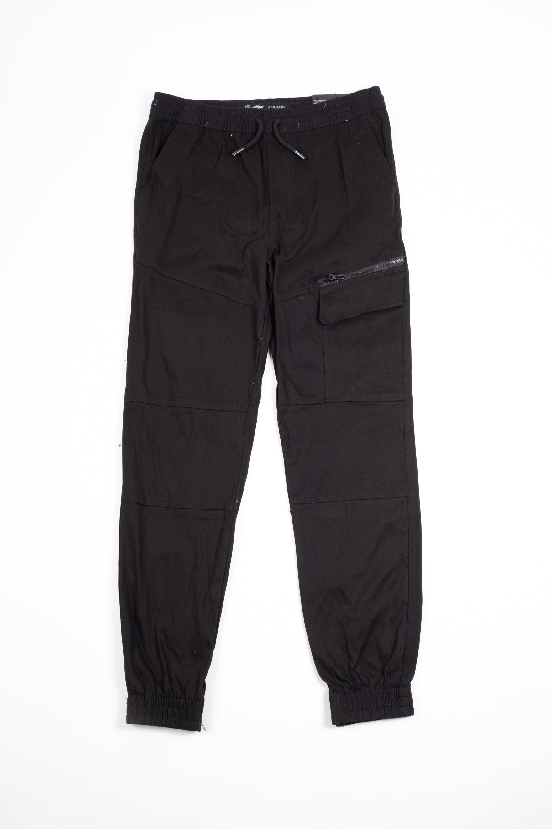 Kids Diagonal Zip Pocket Twill Cargo Jogger with adjustable drawstring waist.
#color_black