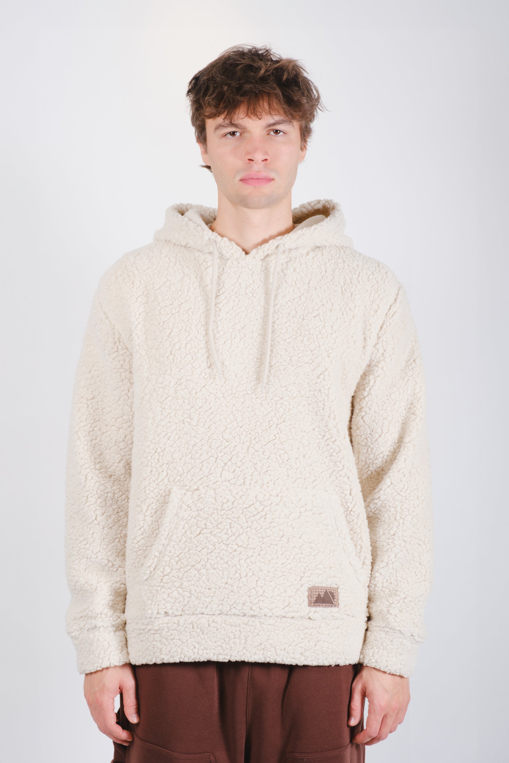 Pullover Sherpa Hoodie
Men's comfy, fluffy, sand pullover sherpa drawstring hoodie. #color_sand