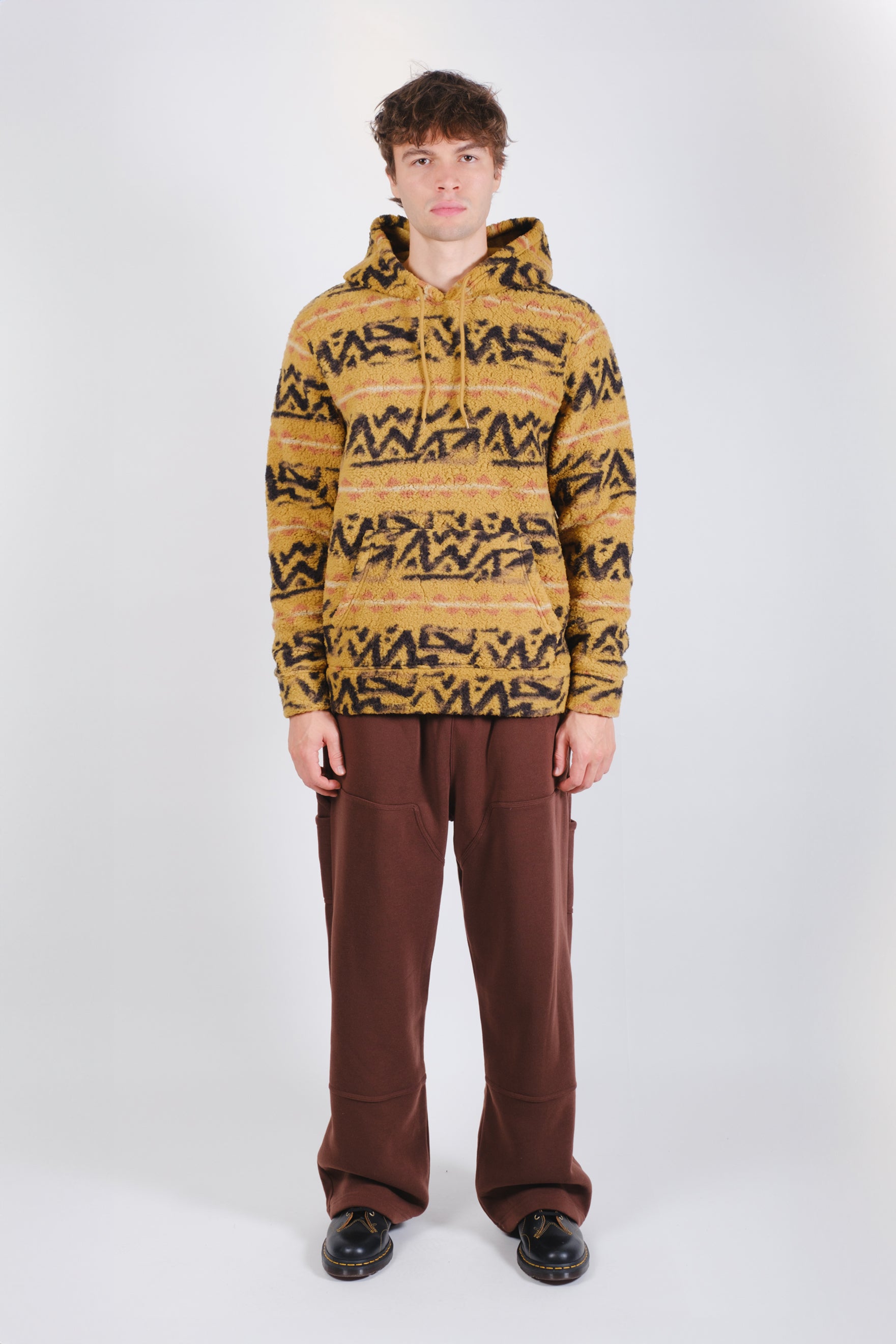 Men's carmel long sleeve comfy sherpa hoodie drawstring with front pouch pocket. #color_carmel