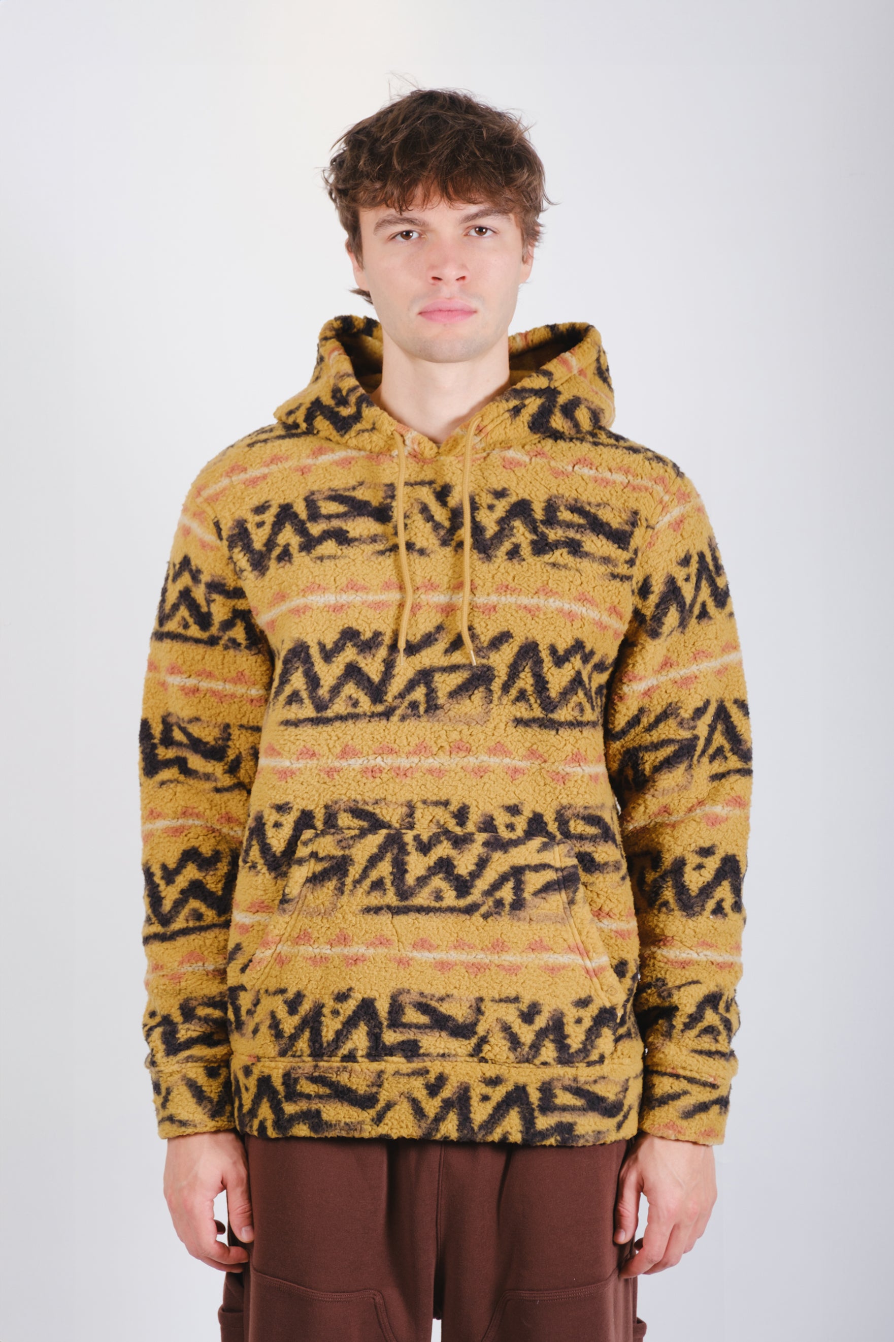 Men's carmel long-sleeve comfy sherpa hoodie drawstring with front pouch pocket. #color_carmel