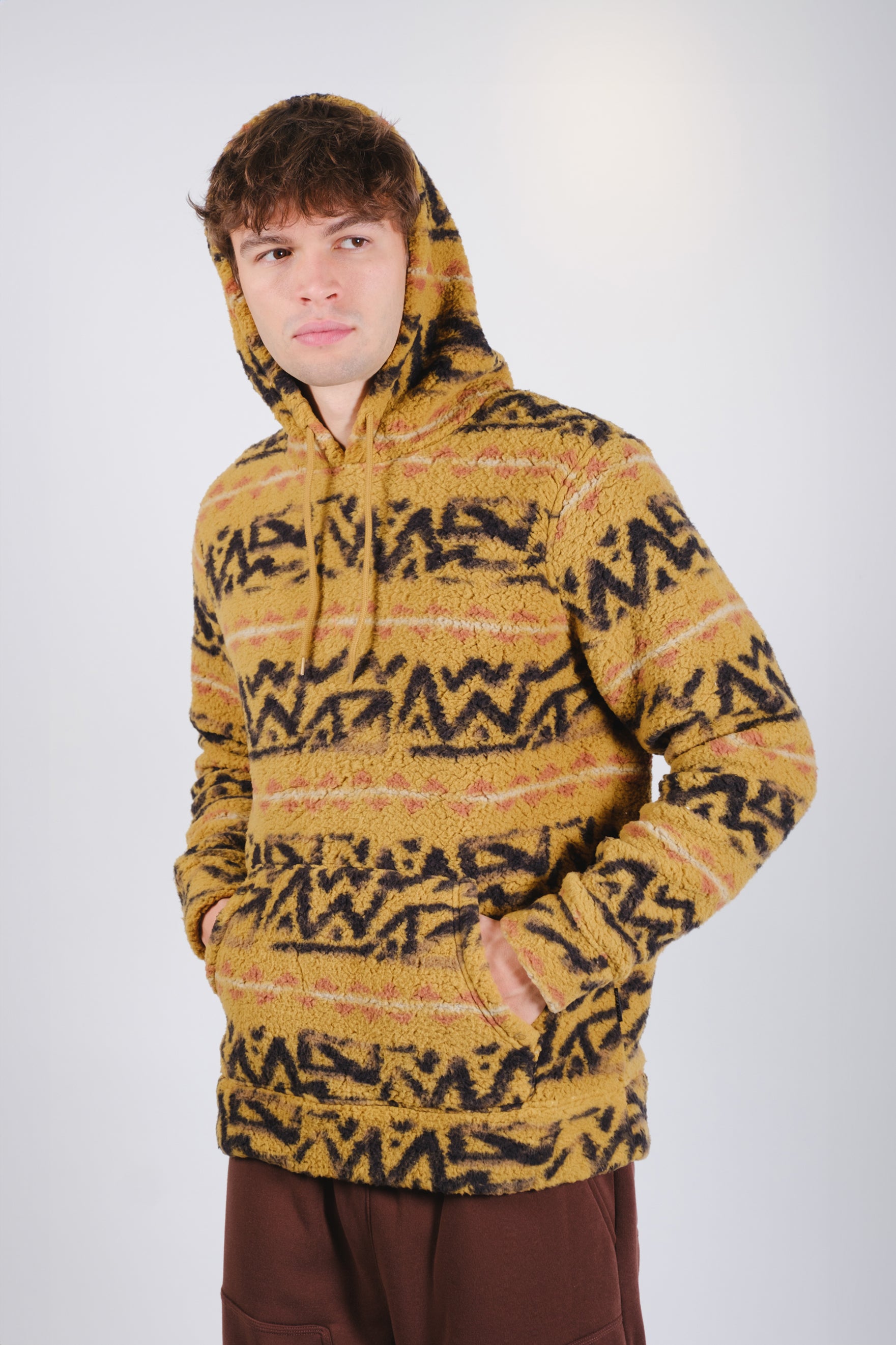 Men's carmel long sleeve comfy sherpa hoodie drawstring with front pouch pocket.#color_carmel