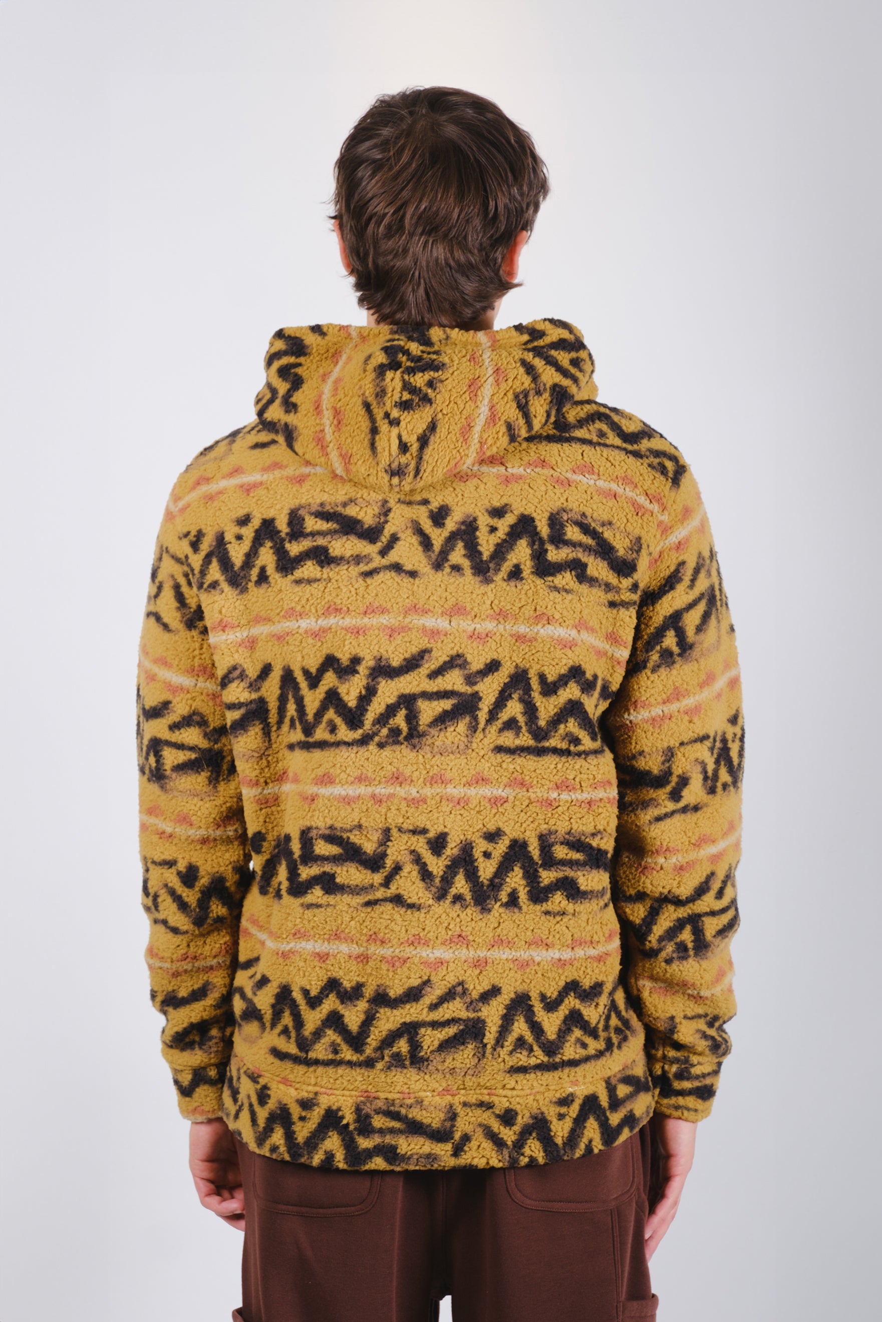 Men's carmel long sleeve comfy sherpa hoodie drawstring with front pouch pocket.#color_carmel