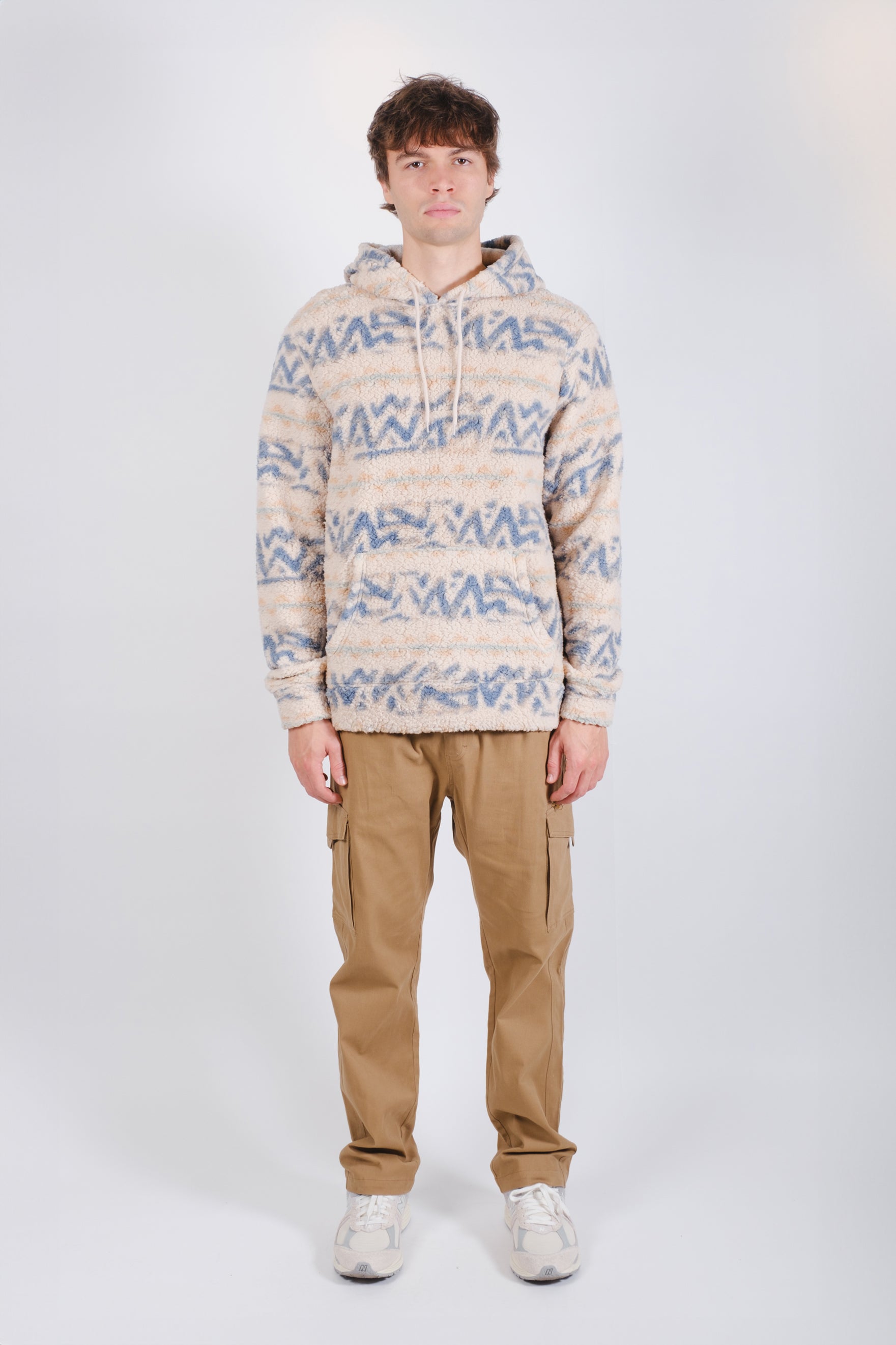 Men's sand long sleeve sherpa drawstring hoodie. #color_sand