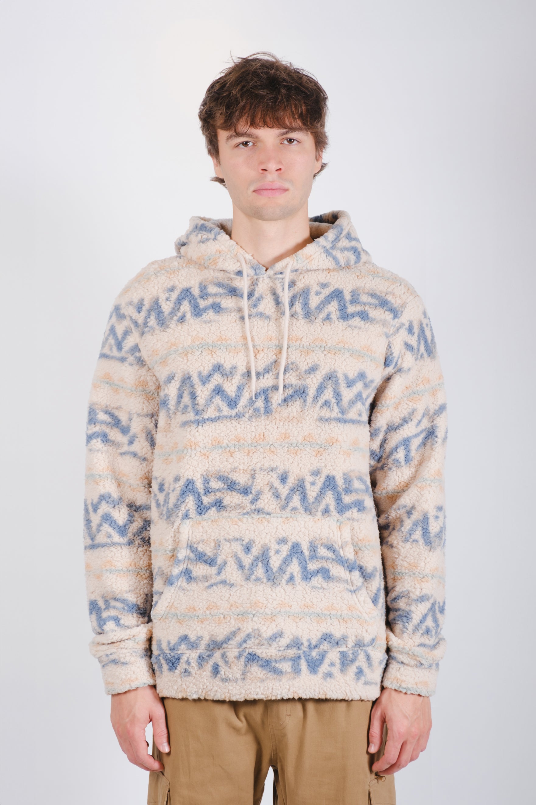 Men's sand long-sleeve sherpa drawstring hoodie. #color_sand