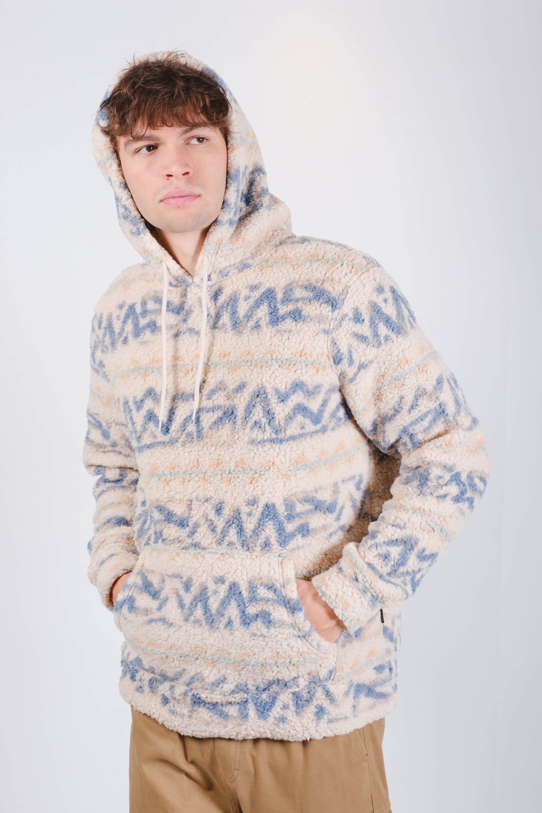 Men's sand long-sleeve sherpa drawstring hoodie.  #color_sand
