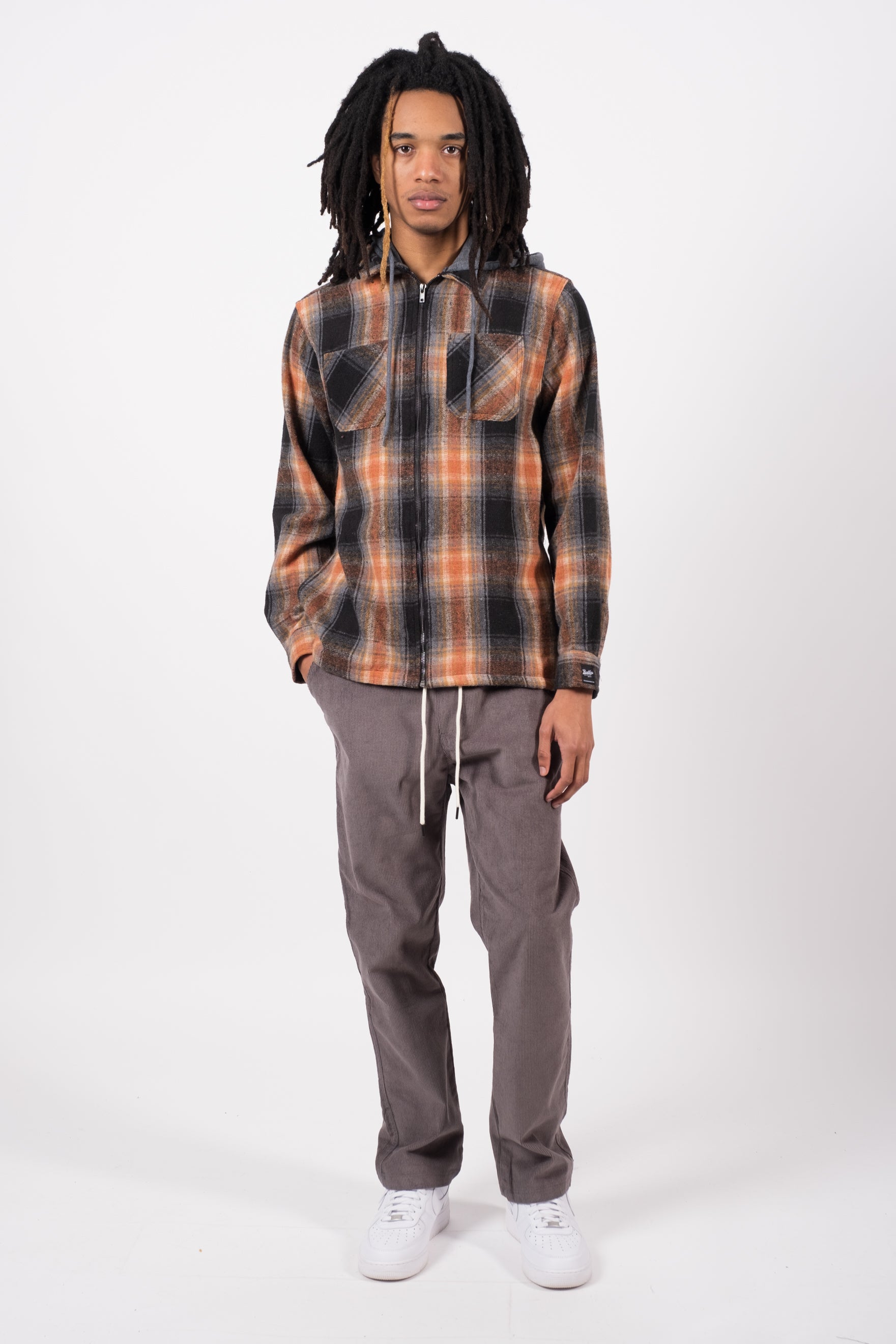 Flannel zip up hoodie shacket for men
#color_brown