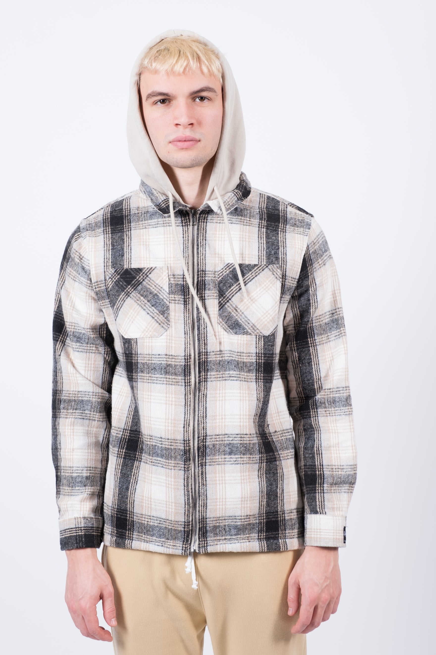 Zip up flannel shacket with hood for men
#color_cream
