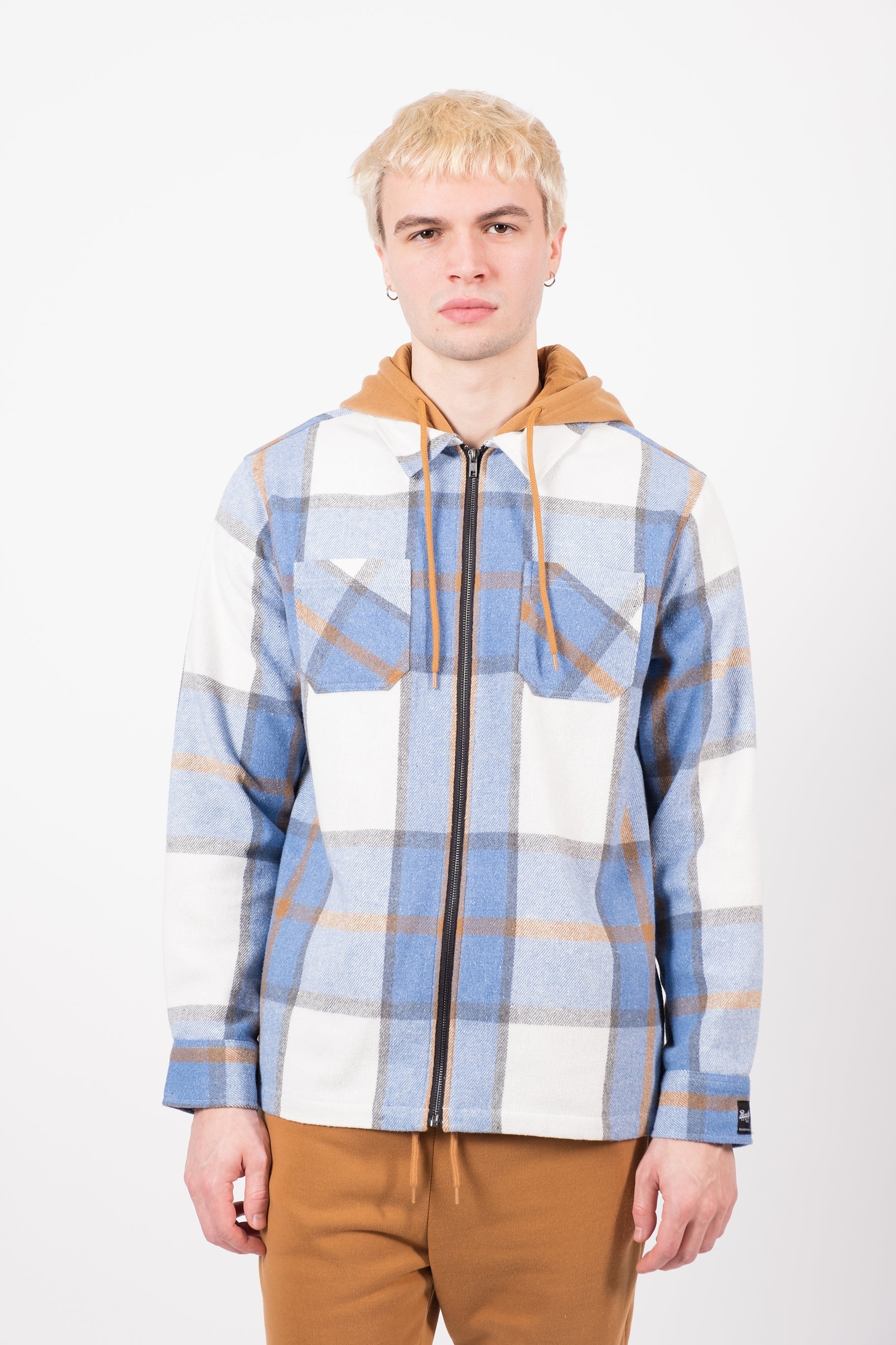 Men’s zip up flannel hoodie shacket
#color_light blue