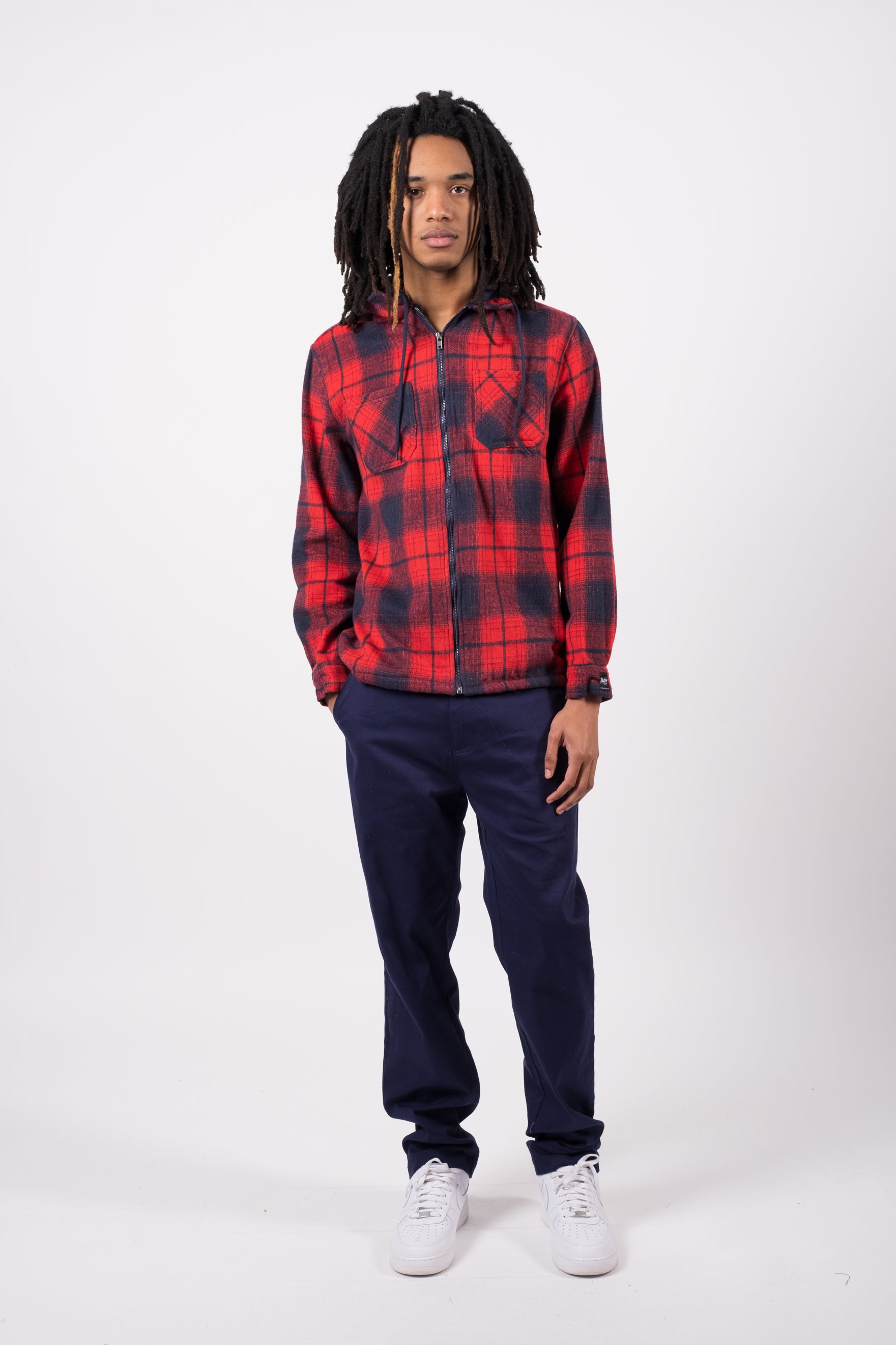 Men’s zippered hooded flannel overshirt
#color_red navy