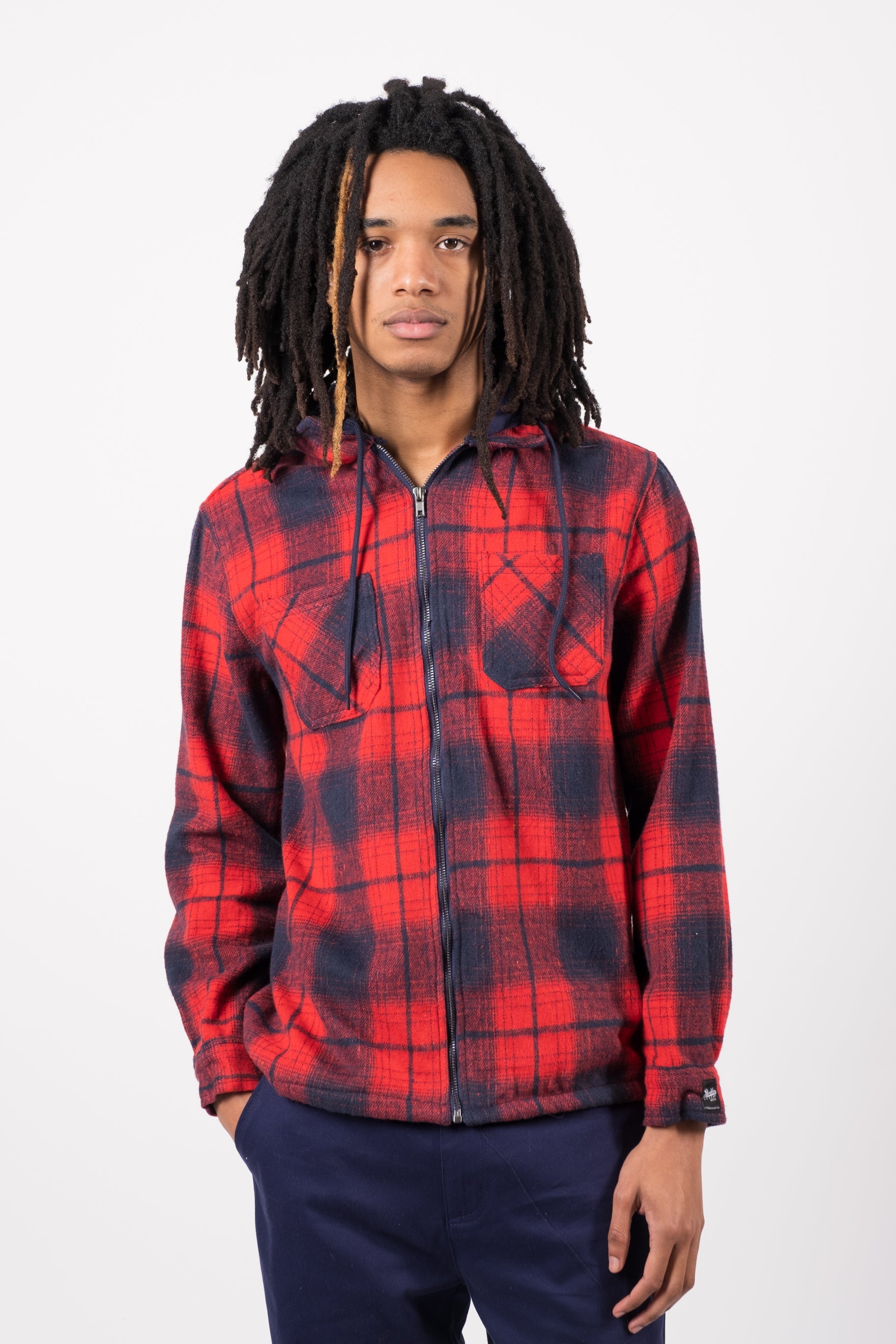 Flannel zip up hooded shacket for men
#color_red navy
