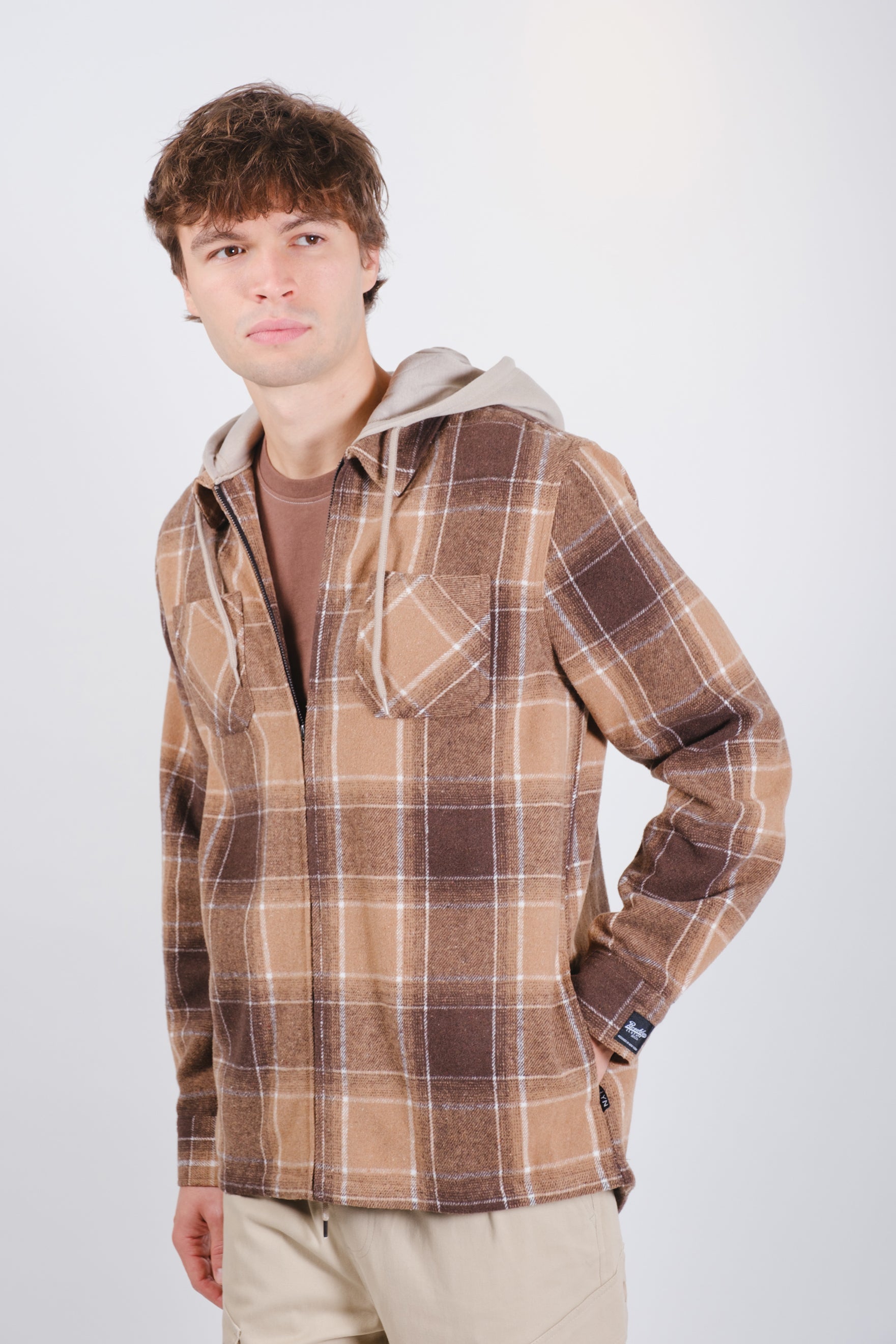 Men’s plaid flannel zip up hoodie jacket
#color_toffee