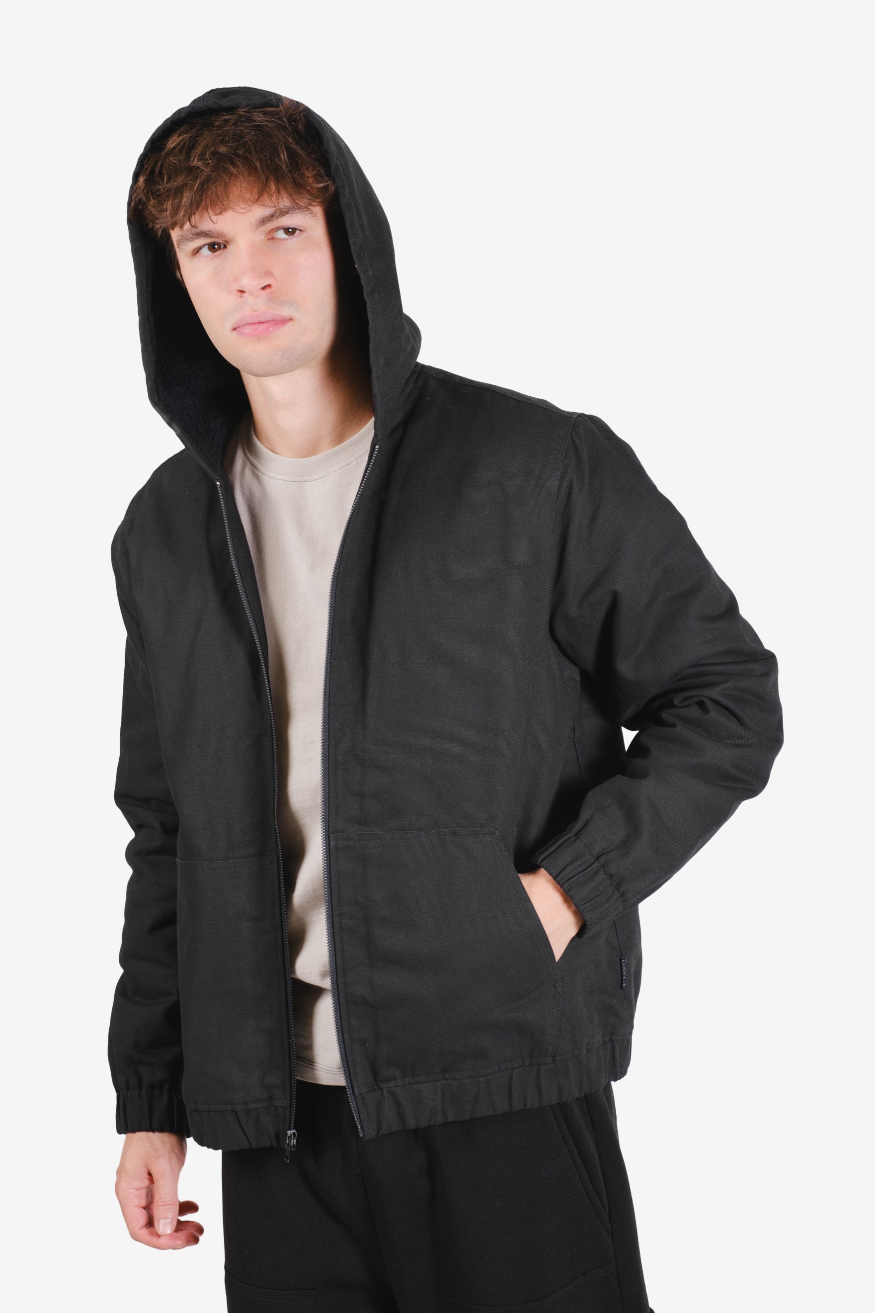 Men’s sherpa lined hooded utility canvas jacket
#color_black