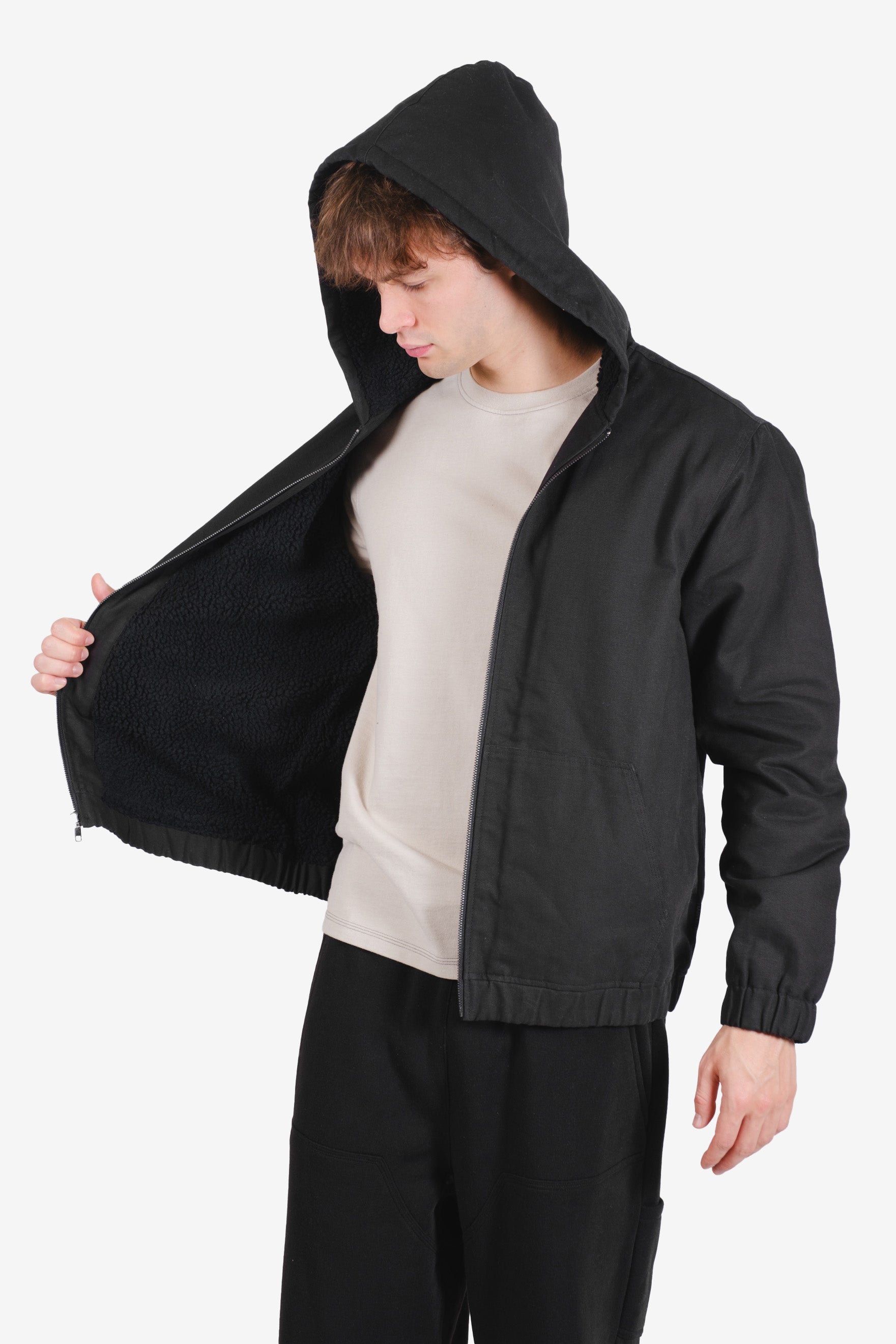 Sherpa lined men’s hooded canvas coat
#color_black