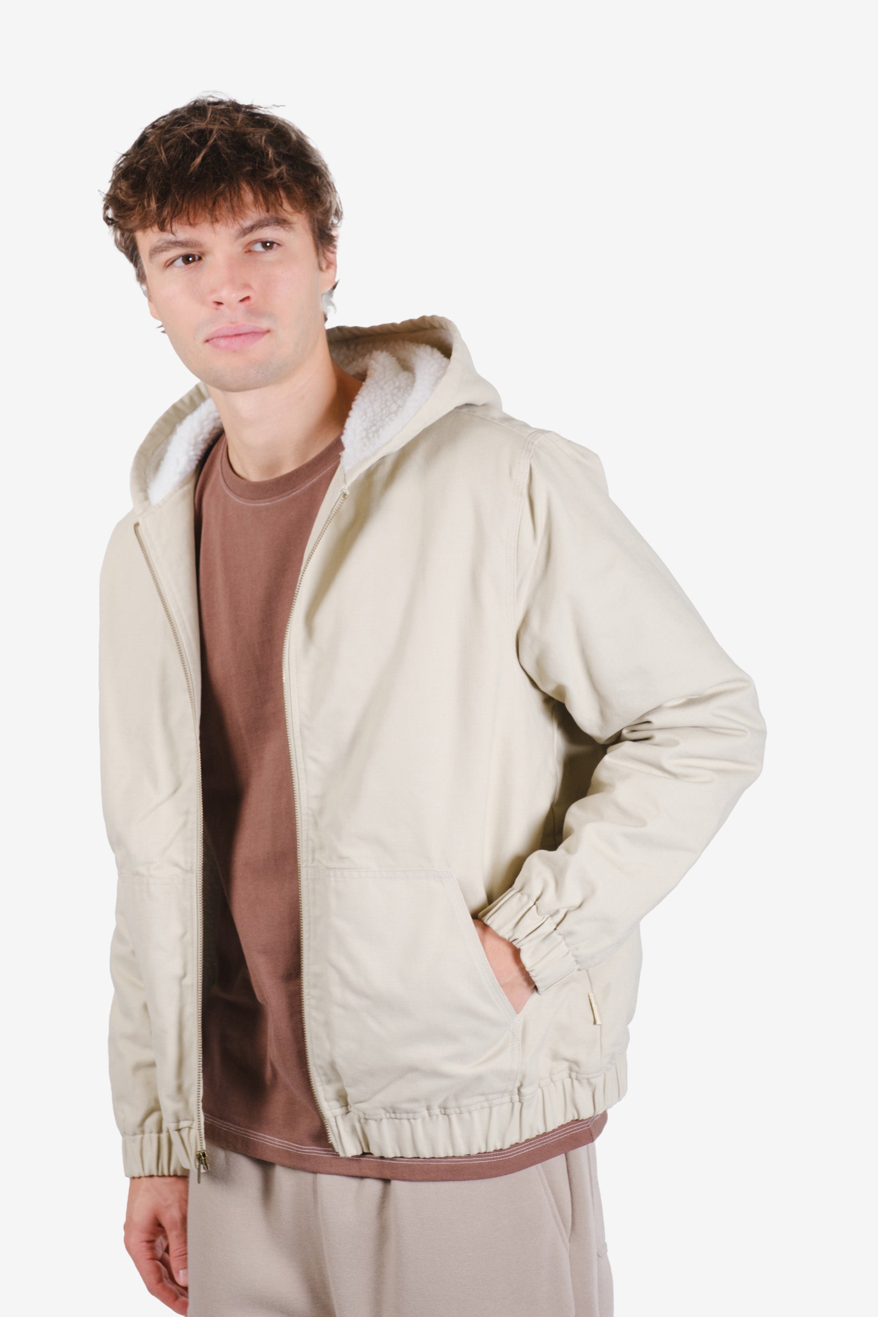 Rugged sherpa lined hooded canvas jacket for men
#color_sand