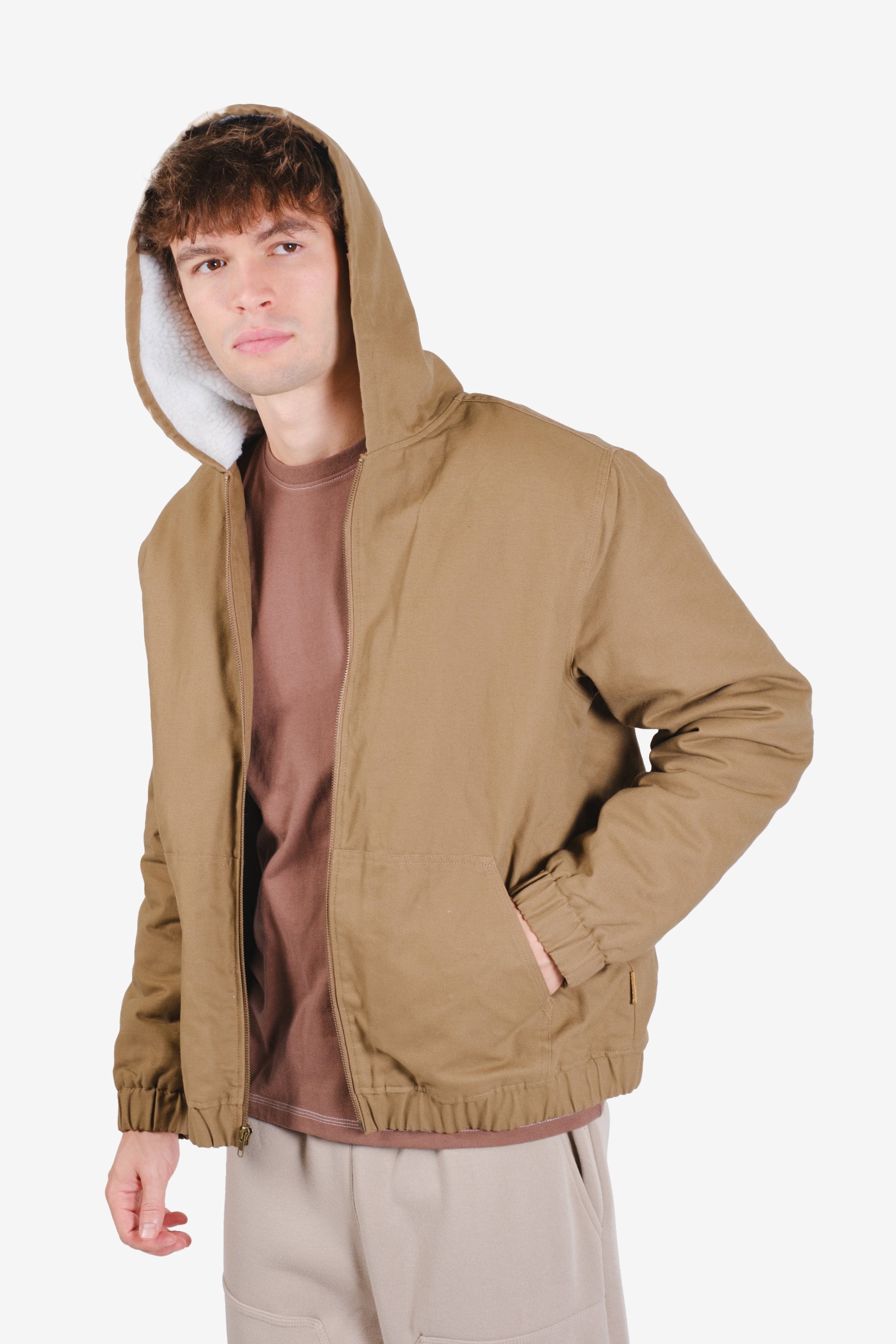Sherpa lined canvas hoodie jacket for men
#color_tobacco