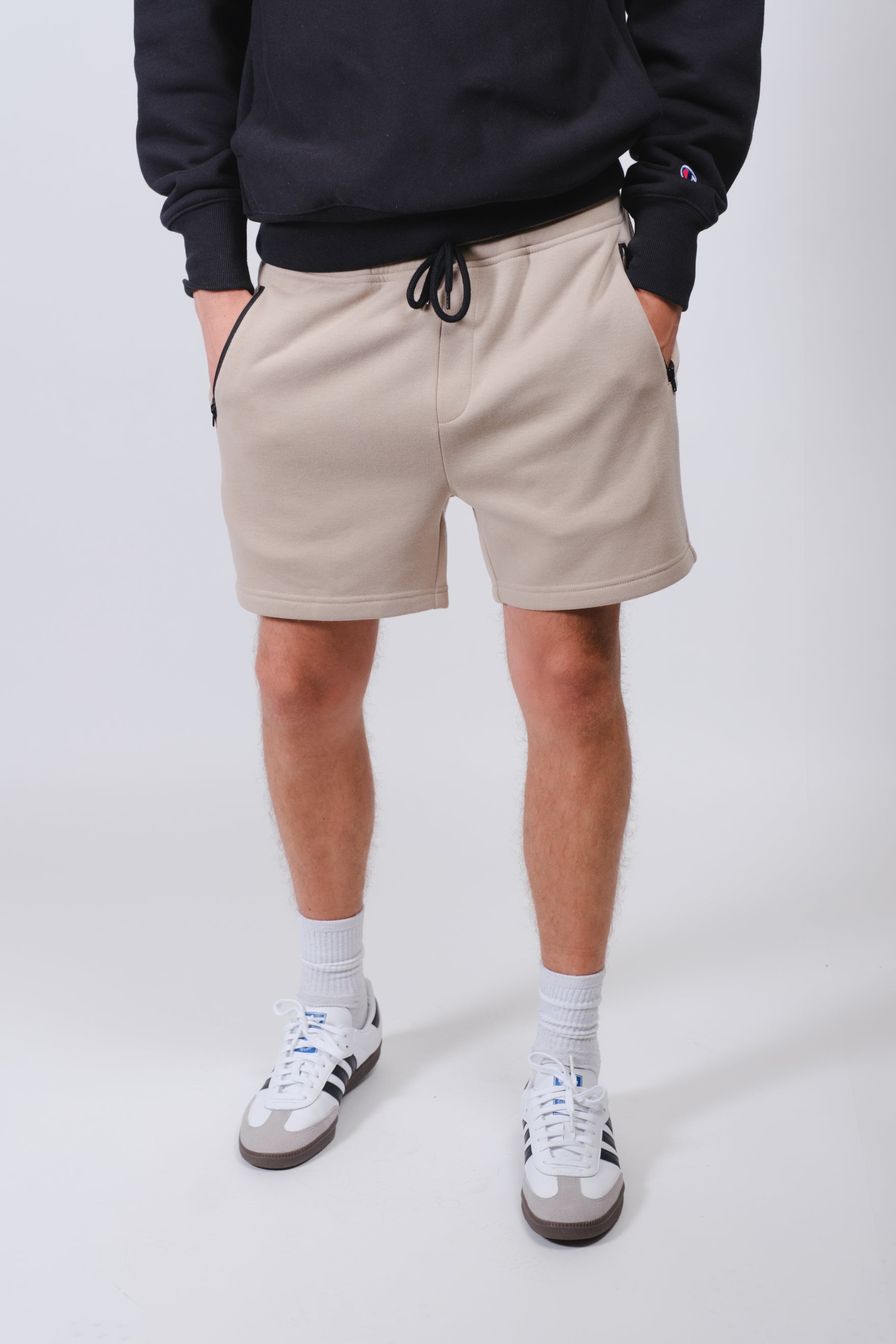 Comfortable 5 inch inseam shorts in 2 Pack Fleece by Brooklyn Cloth
#color_pumice stone/charcoal