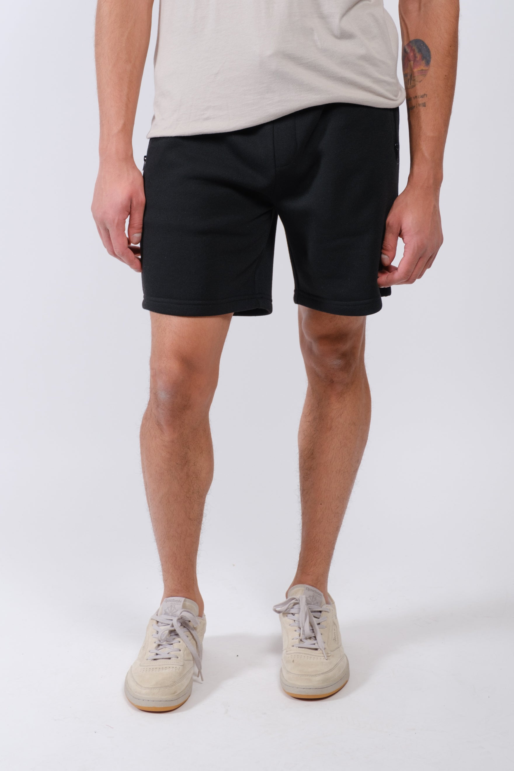 Brooklyn Cloth fleece shorts with 5 inch inseam and zip pocket style
#color_dusty black