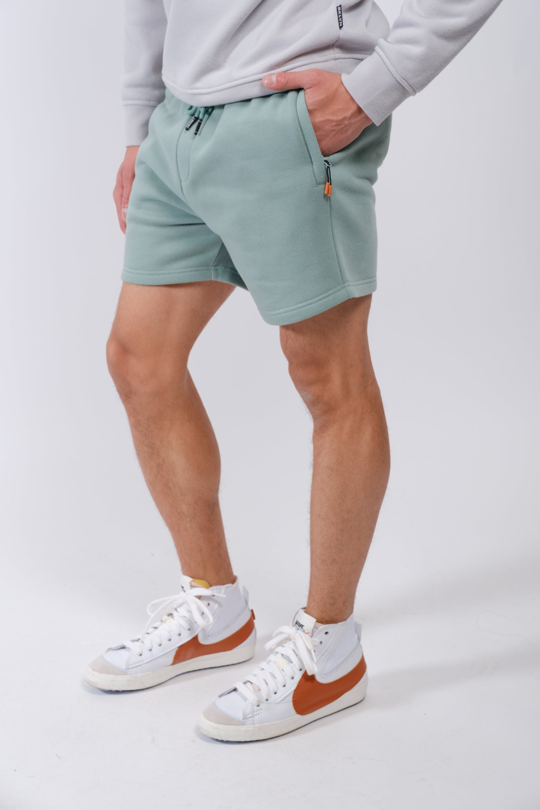 Brooklyn Cloth men’s fleece shorts with zip pocket and 5 inch inseam
#color_soft moss