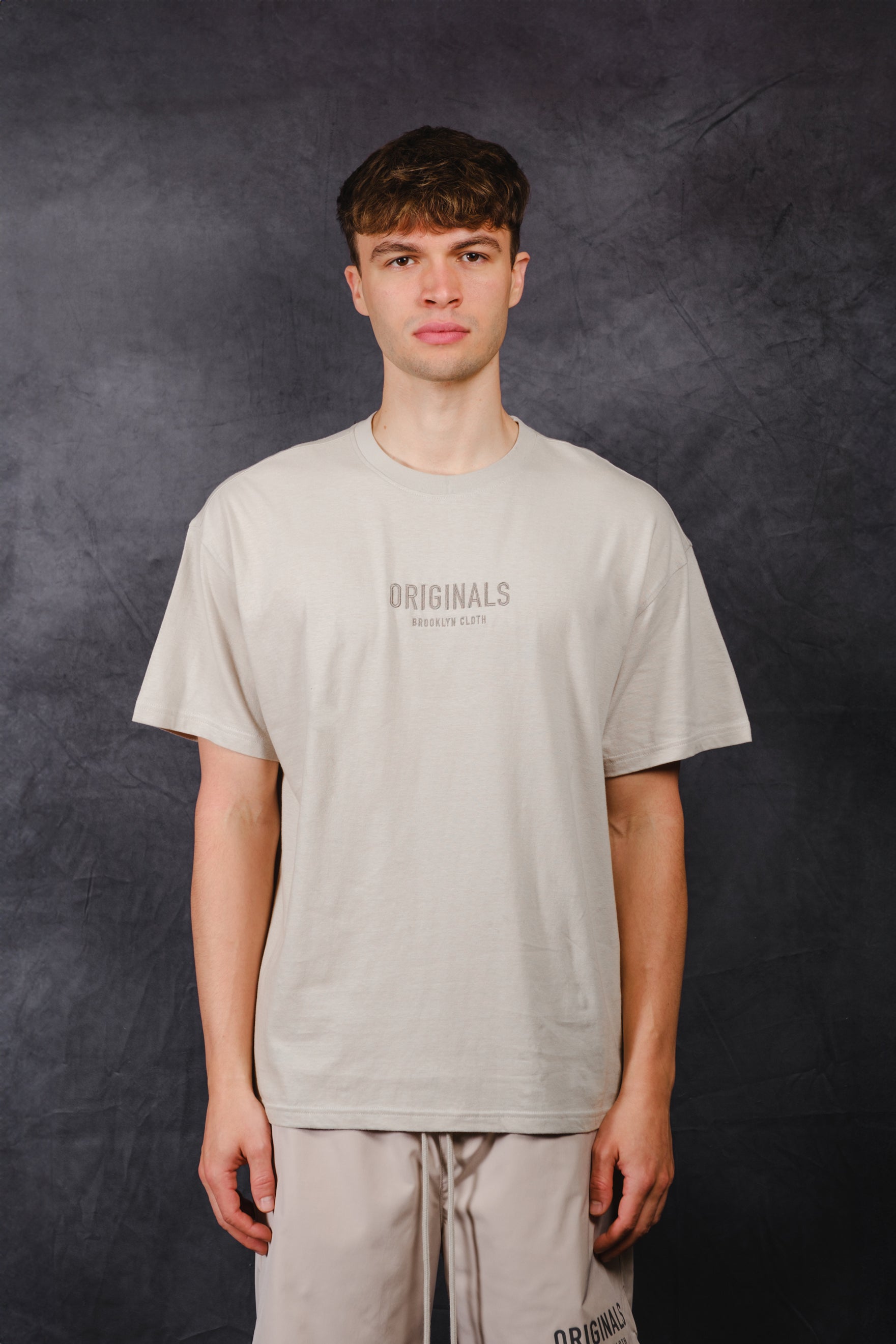 Men's relaxed fit premium t-shirt in pumice stone with center chest embroidery 
 #color_pumice-stone