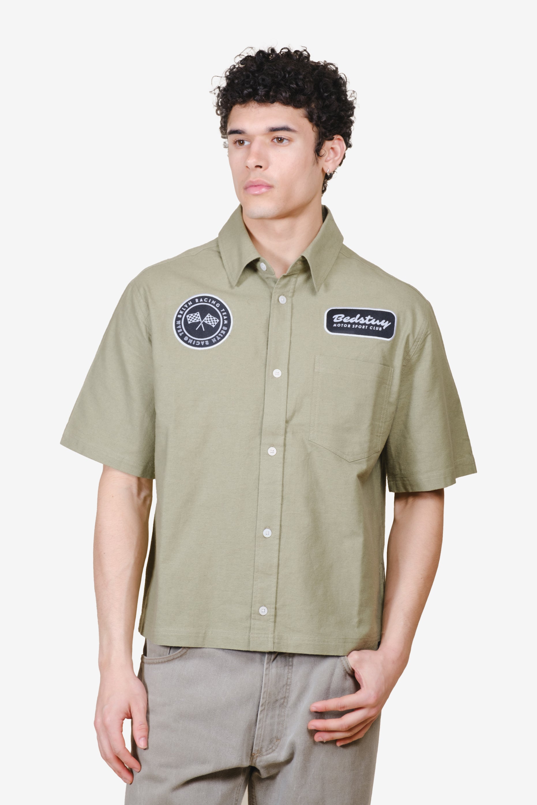 Men's short sleeve cropped button up shirt with detail patches on chest
#color_olive gray