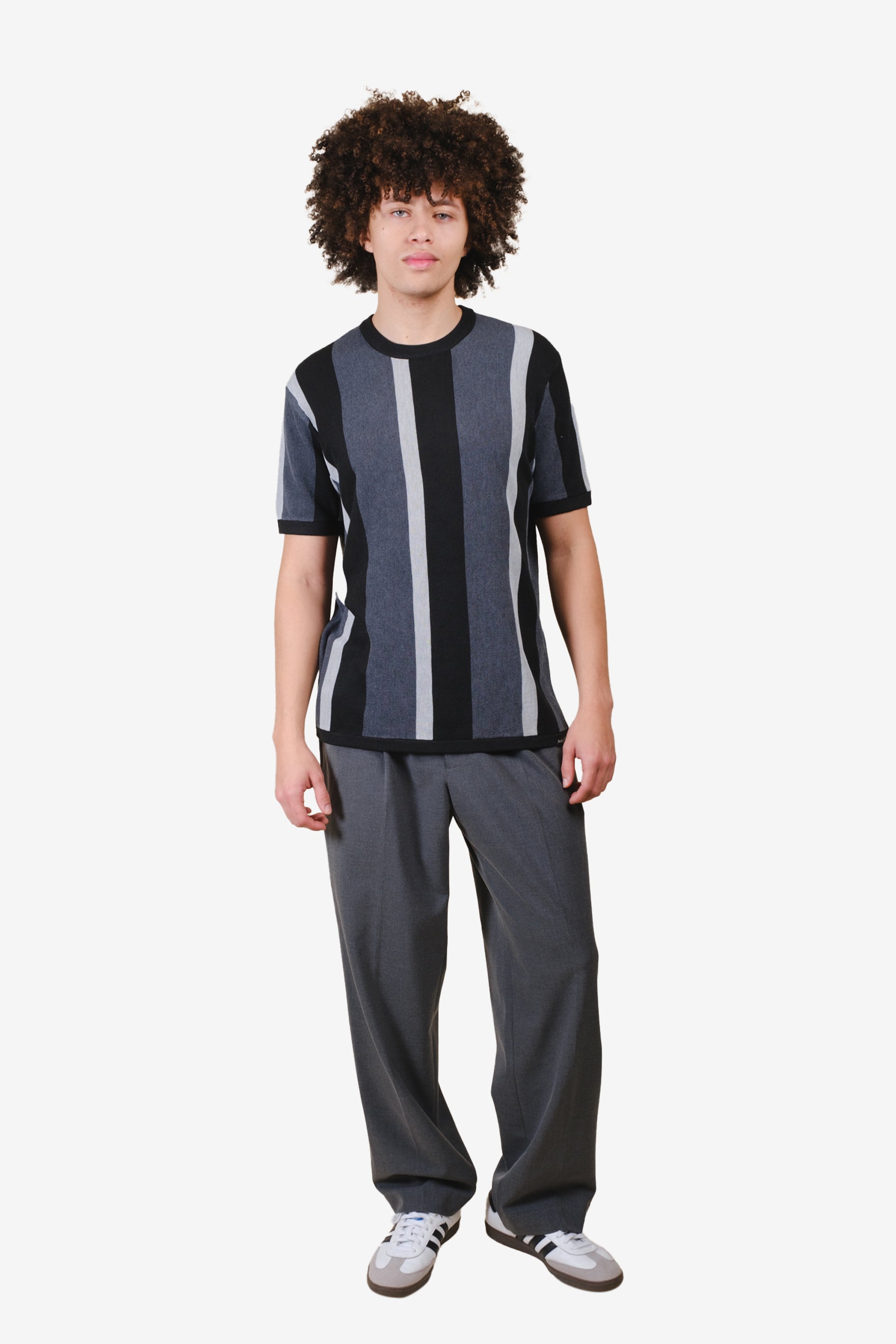 Men's gray chunky striped crewneck short sleeve shirt. #color_ultimate gray