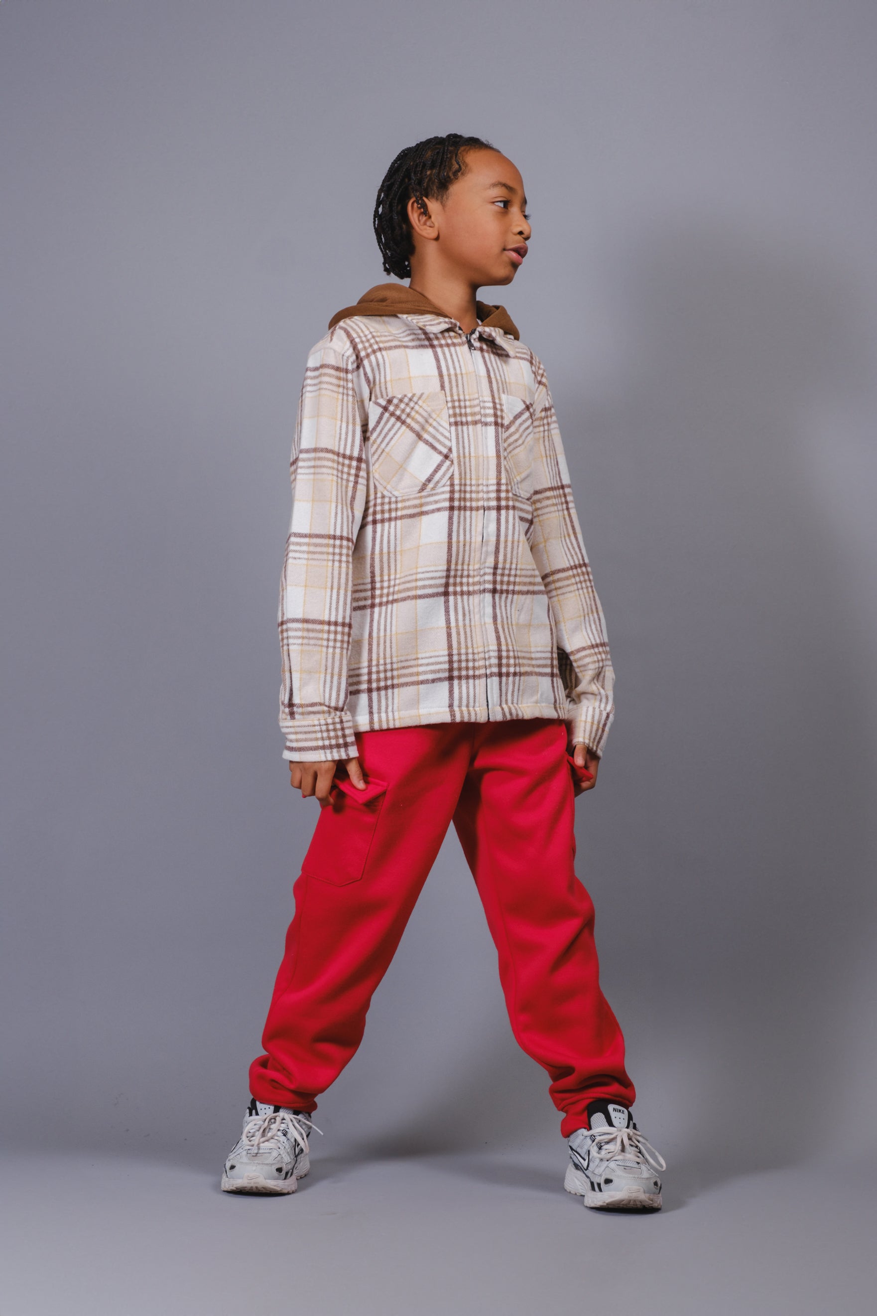 Kids flannel hooded zip front shacket with long sleeves
#color_cream