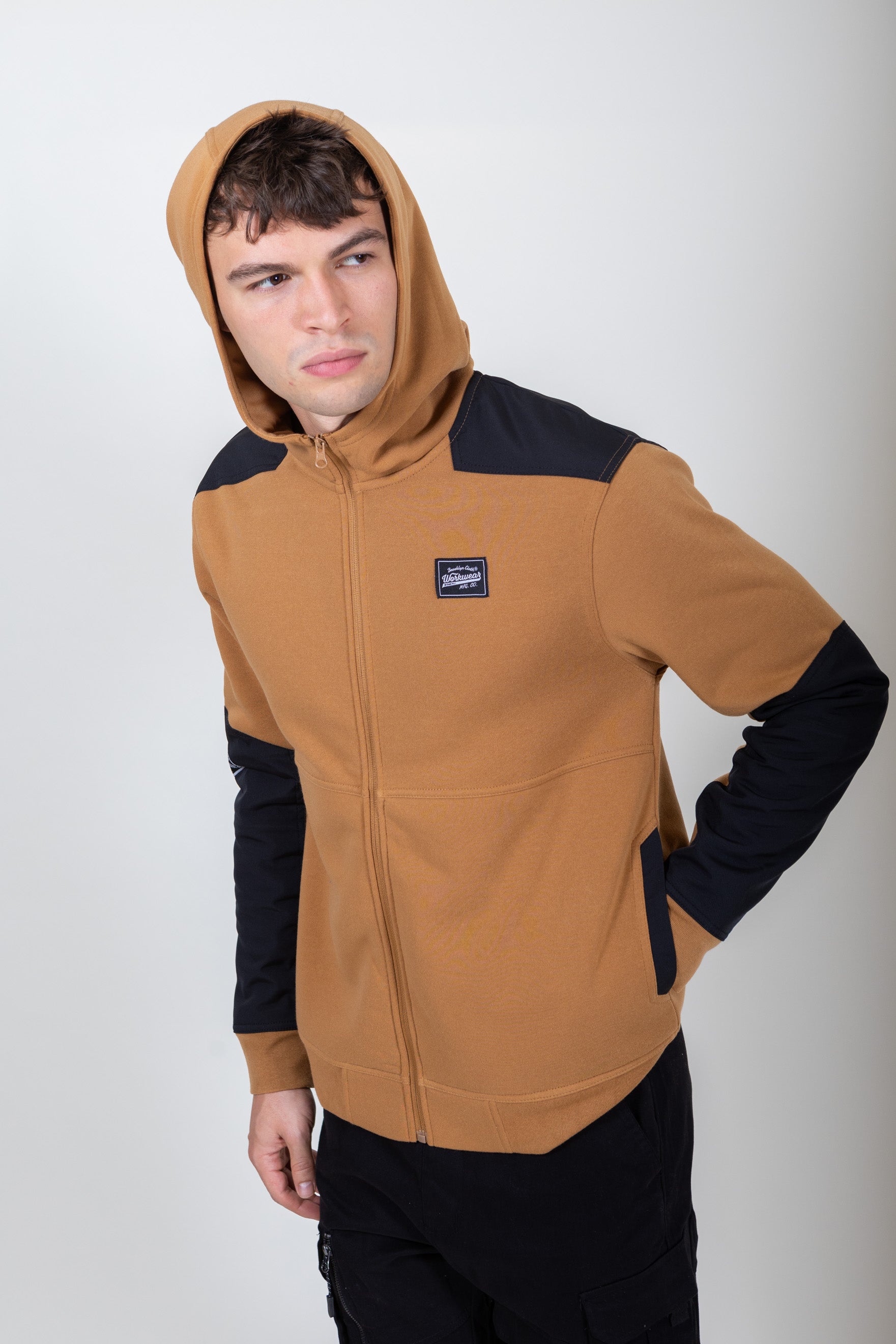 Men's tobacco color blocked fleece zip up long sleeve hoodie. #color_tobacco