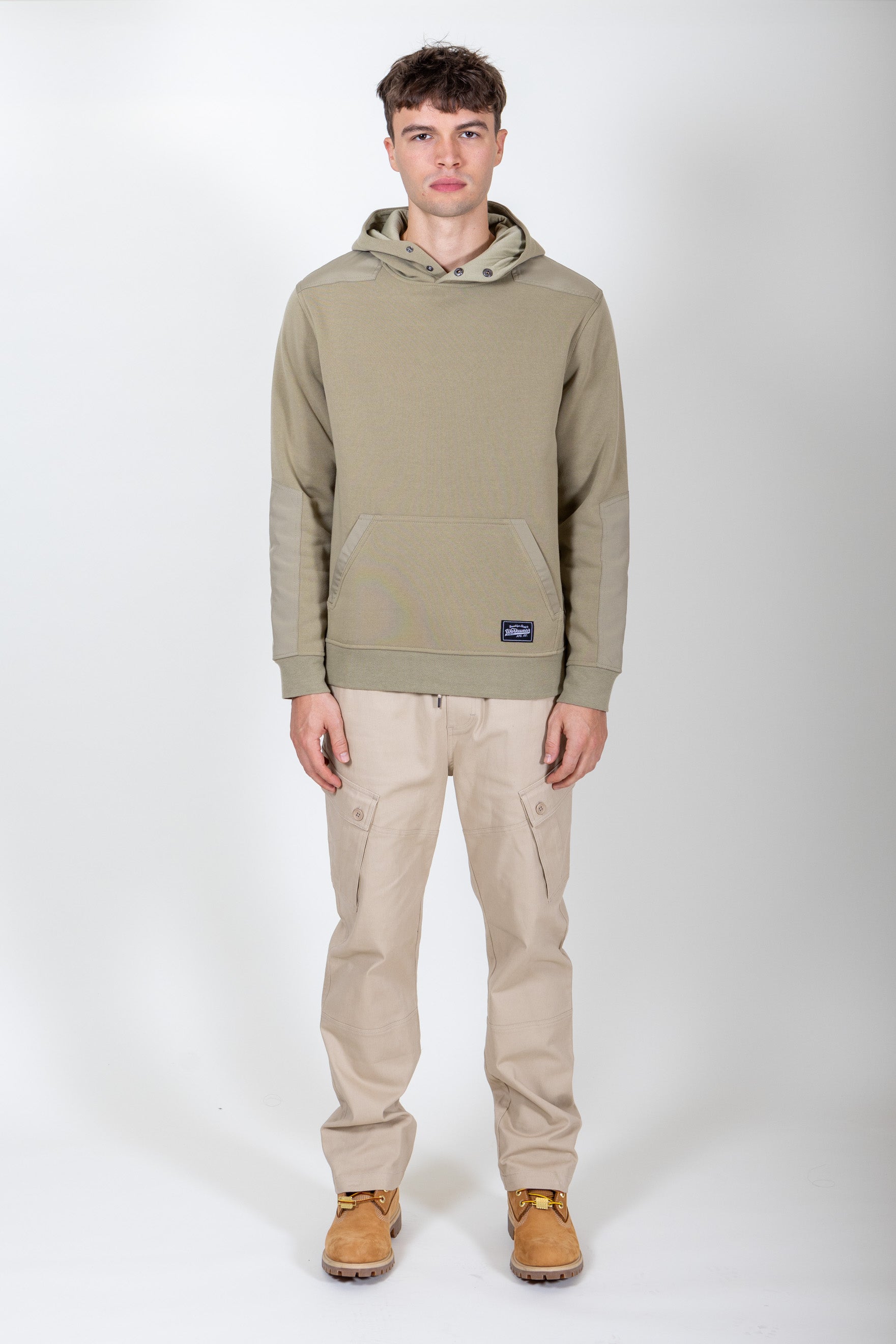 Men's long sleeve fleece olive hoodie. Brooklyn Cloth #color_olive_grey