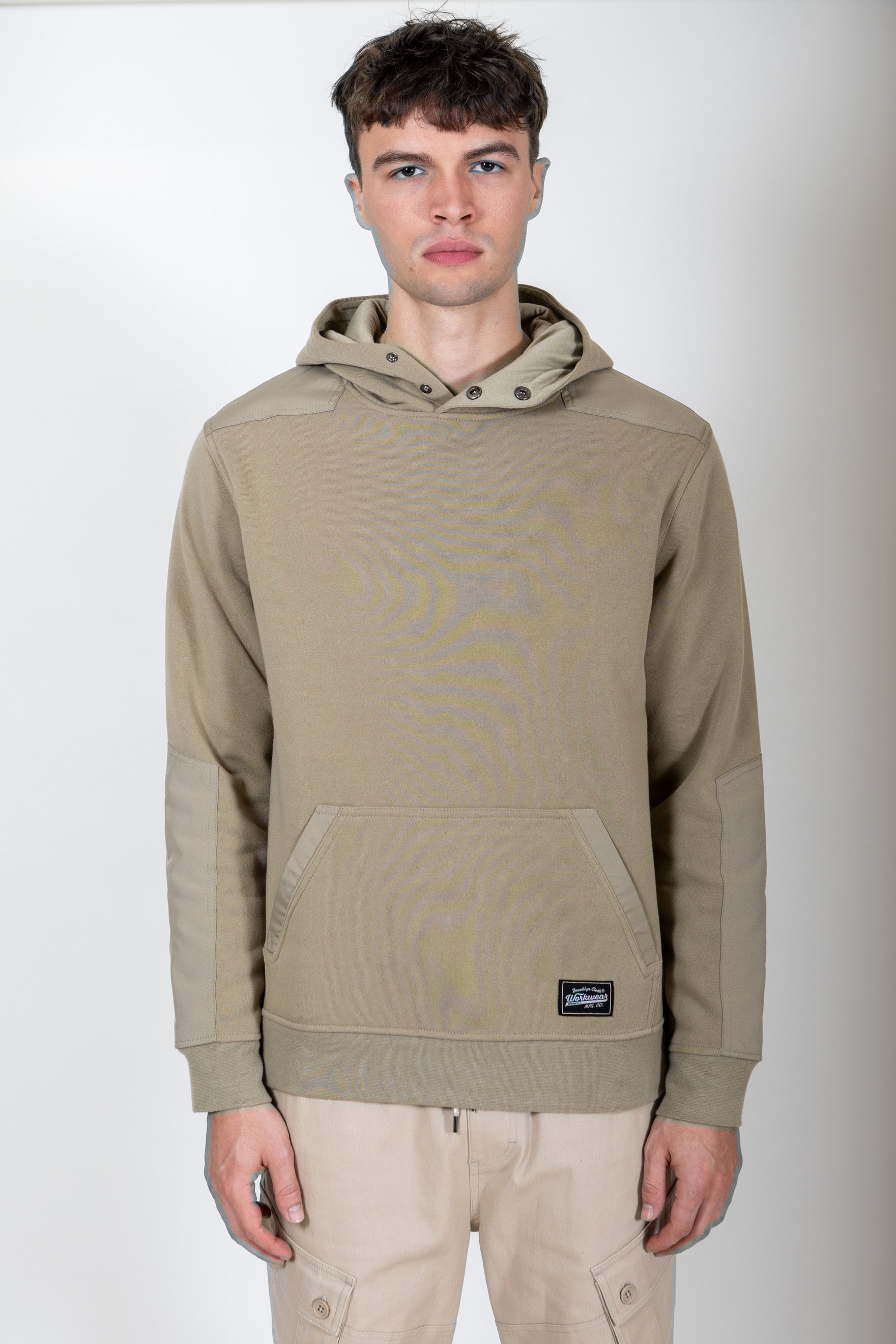 Men's long sleeve fleece olive hoodie. Brooklyn Cloth #color_olive_grey