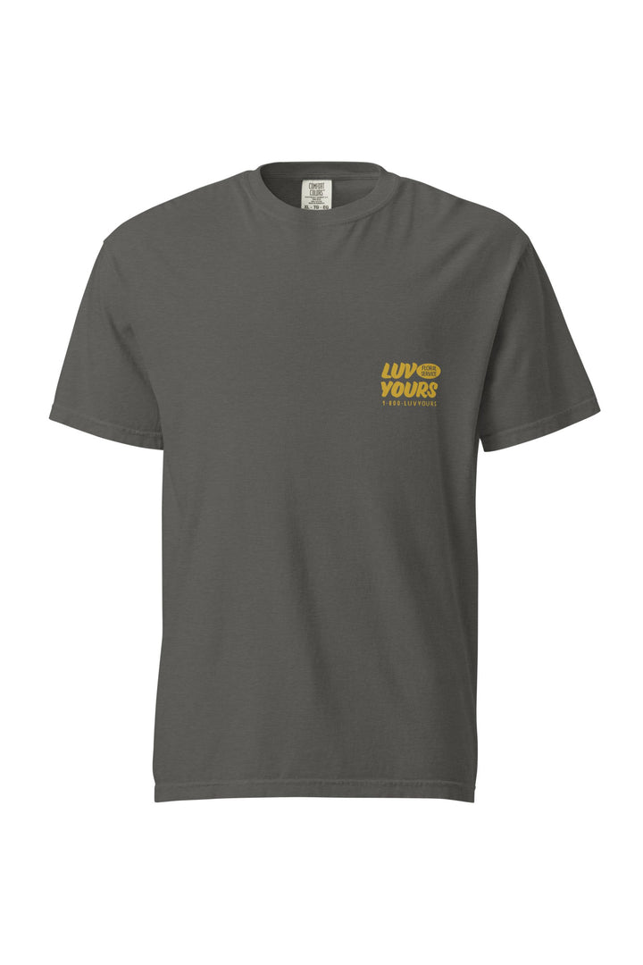 "Luv Yours" Men's cotton t-shirt with writing on upper left 