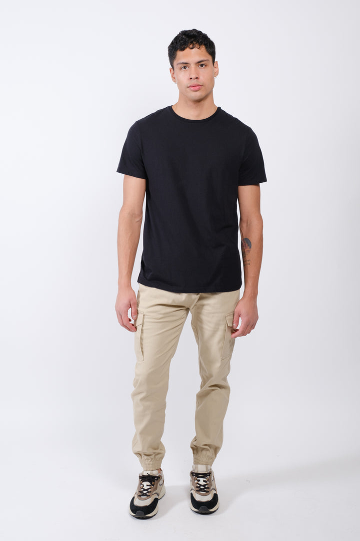 Men's olive twill jogger pants with cargo pockets and stretch waistband for comfort
#color_khaki