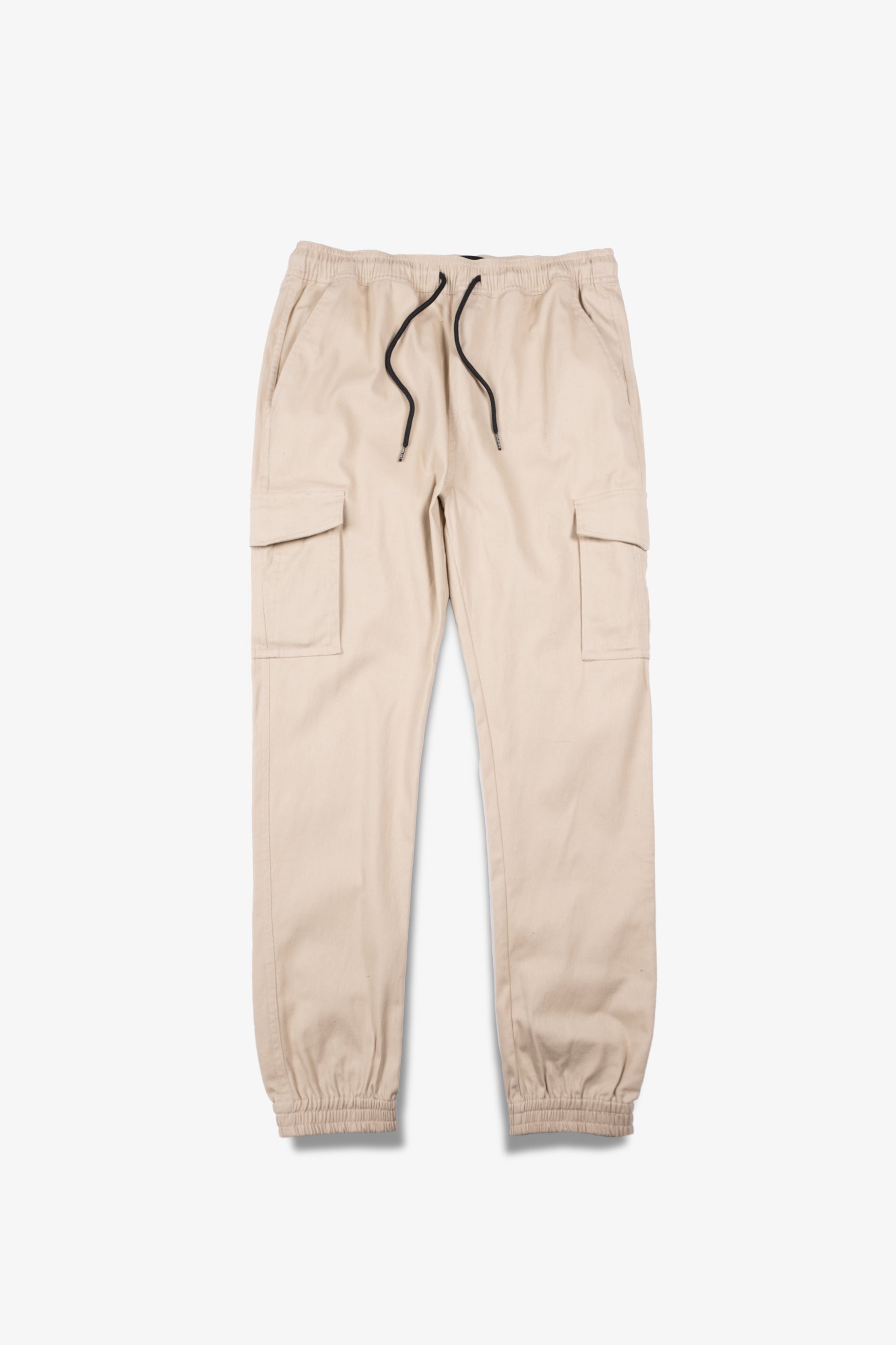 Comfortable twill joggers for men with deep side cargo pockets and drawstring waist
#color_khaki