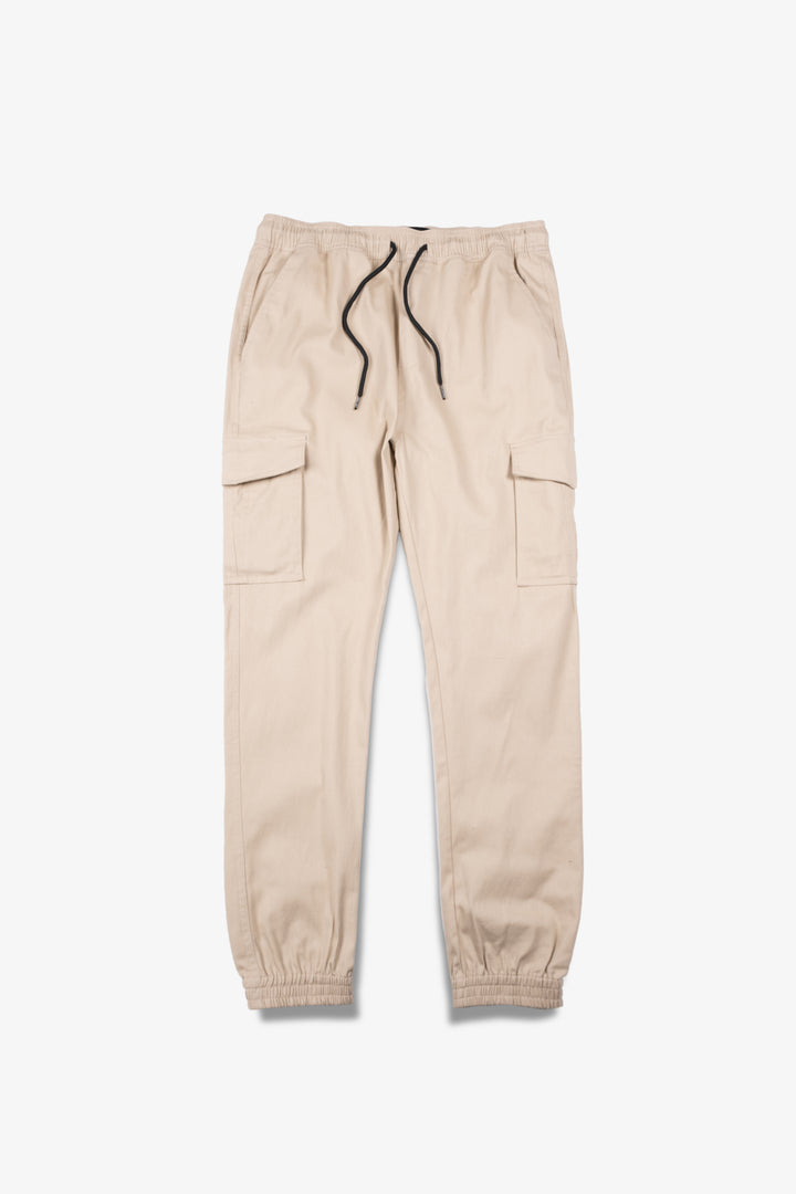 Comfortable twill joggers for men with deep side cargo pockets and drawstring waist
#color_khaki