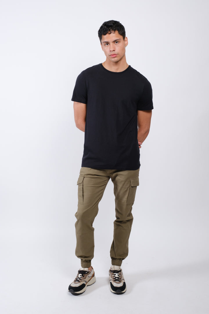 Men's navy cargo pocket twill joggers with elastic cuffs and spacious pockets
#color_olive