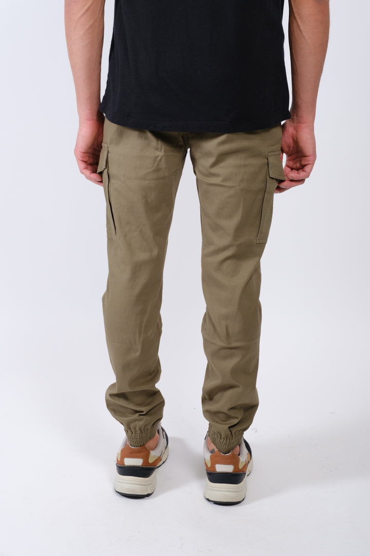 Grey twill jogger pants with side cargo pockets and comfortable waistband for men
#color_olive