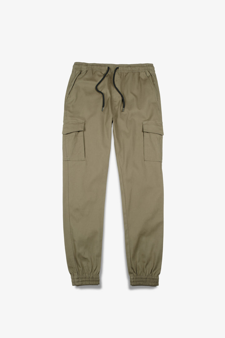Casual men’s olive green twill jogger pants with multiple cargo pockets and cuffed hems
#color_olive