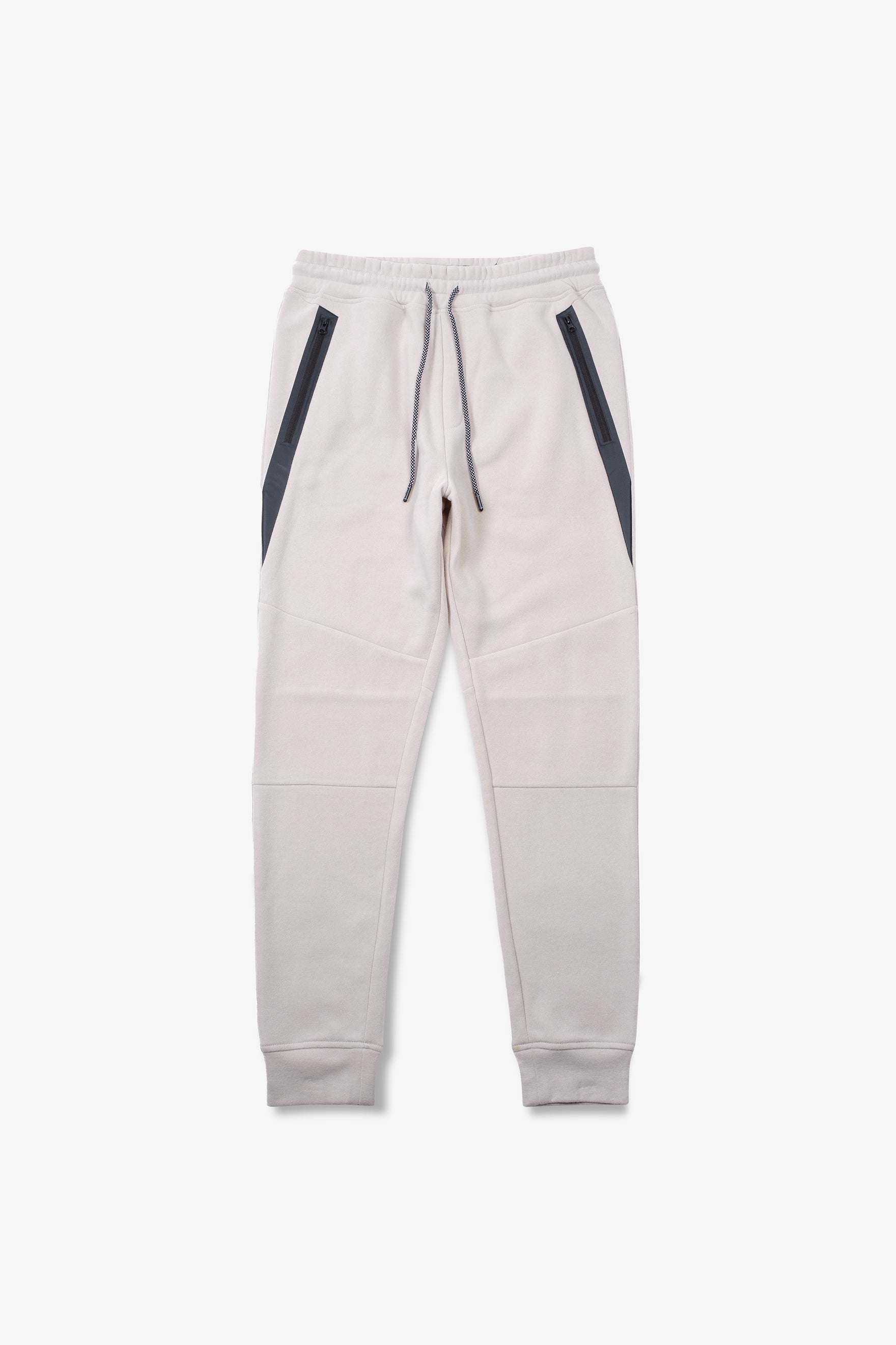 Men's casual fleece joggers with heat-seal diagonal pockets, tapered fit in sand
#color_sand