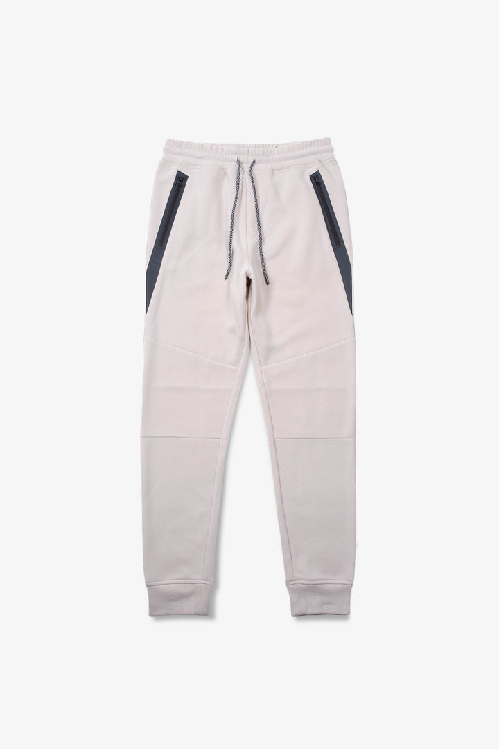 Men's casual fleece joggers with heat-seal diagonal pockets, tapered fit in sand
#color_sand