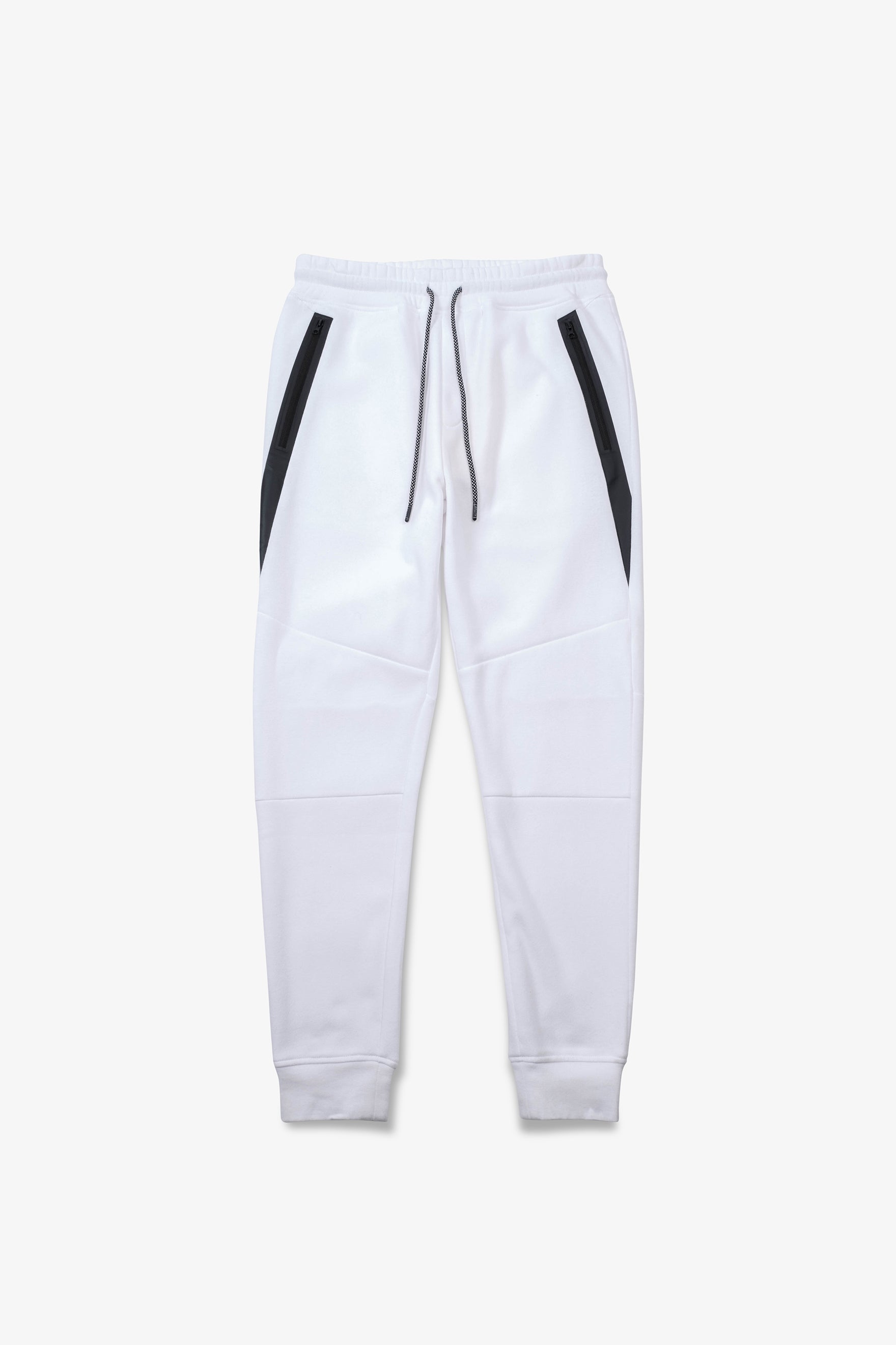 Men's  fleece jogger pants with diagonal heat-seal pockets and elastic cuffs
#color_white