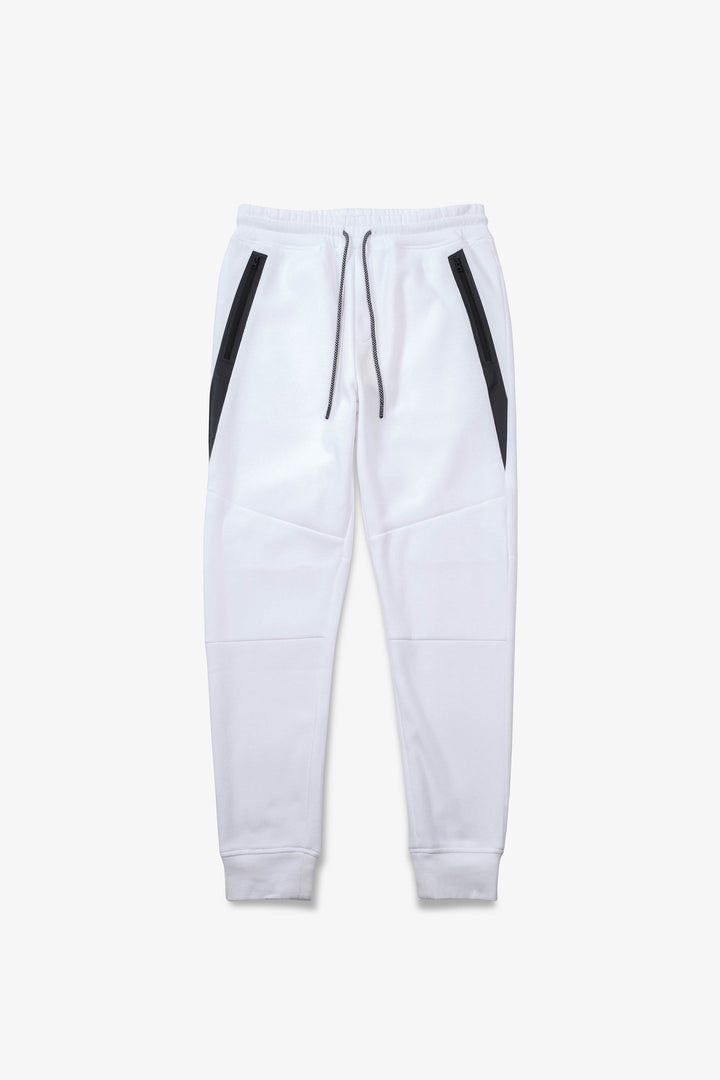 Men's  fleece jogger pants with diagonal heat-seal pockets and elastic cuffs
#color_white