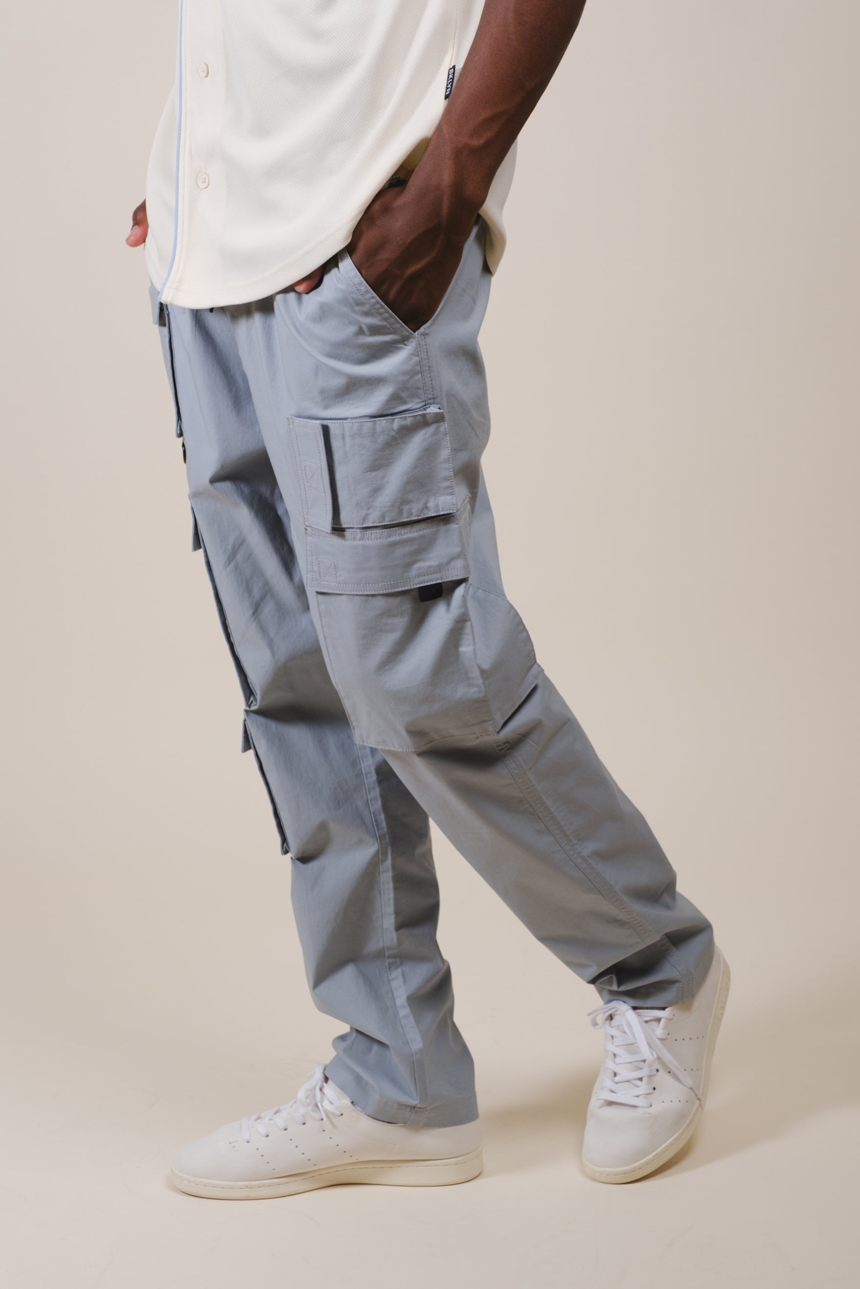 Y2K inspired men’s poplin cargo pants with multiple functional pockets
#color_quarry
