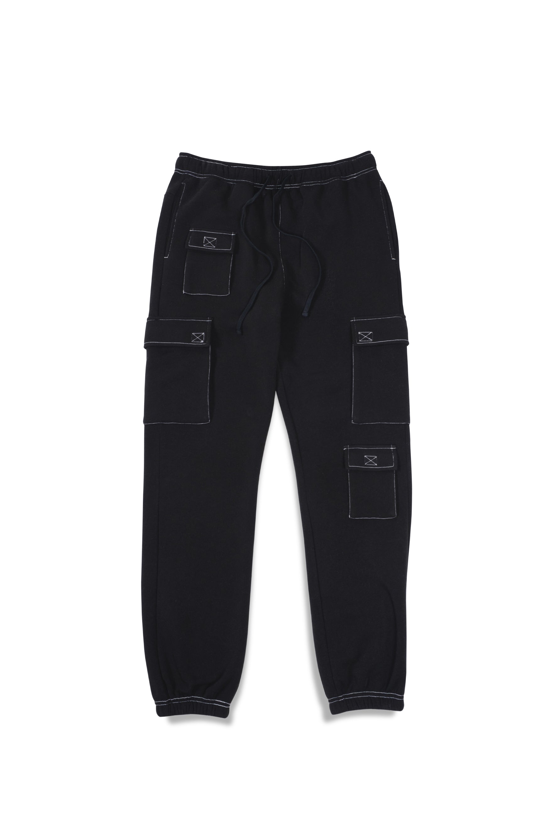 Multi Pocket Detail Contrast Stich Cargo Sweatpant #color_black