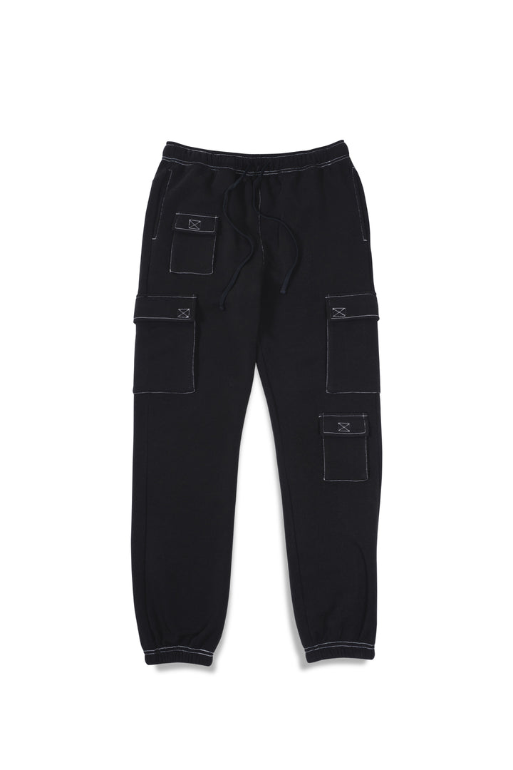 Multi Pocket Detail Contrast Stich Cargo Sweatpant #color_black