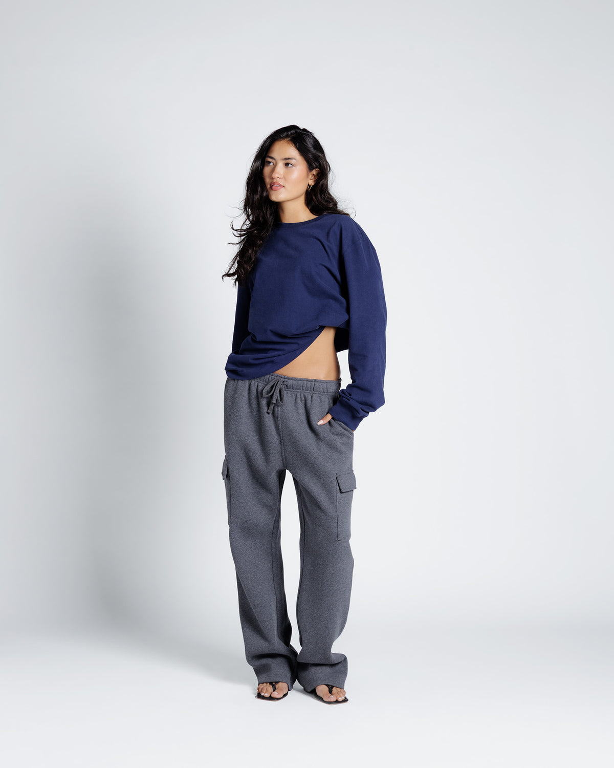 Heavy Weight Open Hem Cargo Sweatpants in Charcoal grey