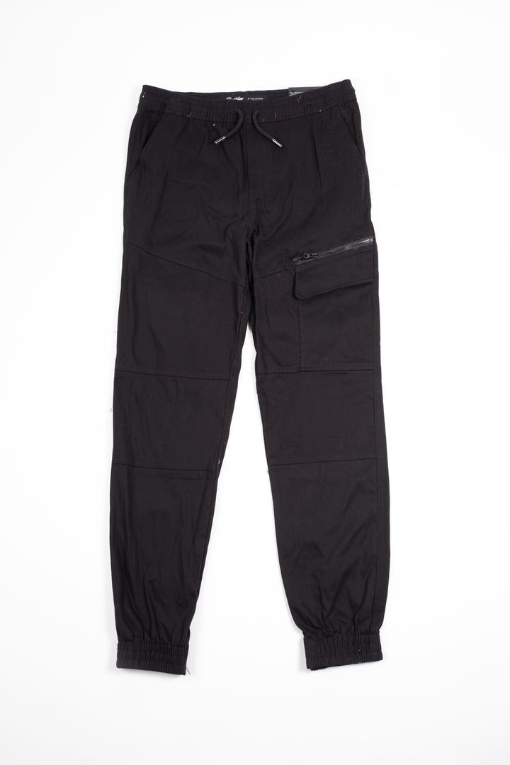 Kids Diagonal Zip Pocket Twill Cargo Jogger with adjustable drawstring waist. 
#color_black