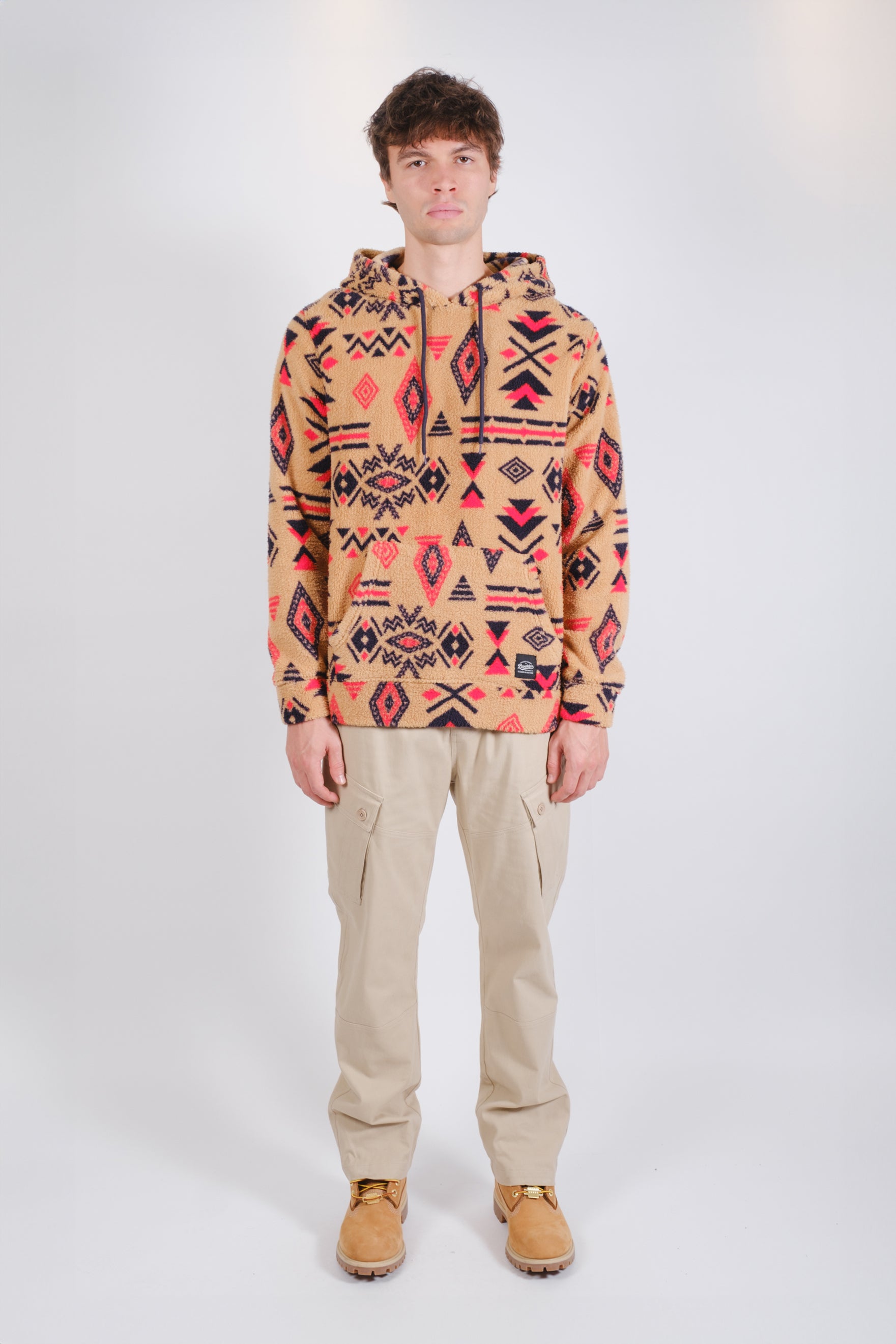 Comfy Tribal Print Sherpa Hoodie Men's comfy soft sherpa long sleeve drawstring multicolored tribal printed camel, red and blue hoodie. #color_camel