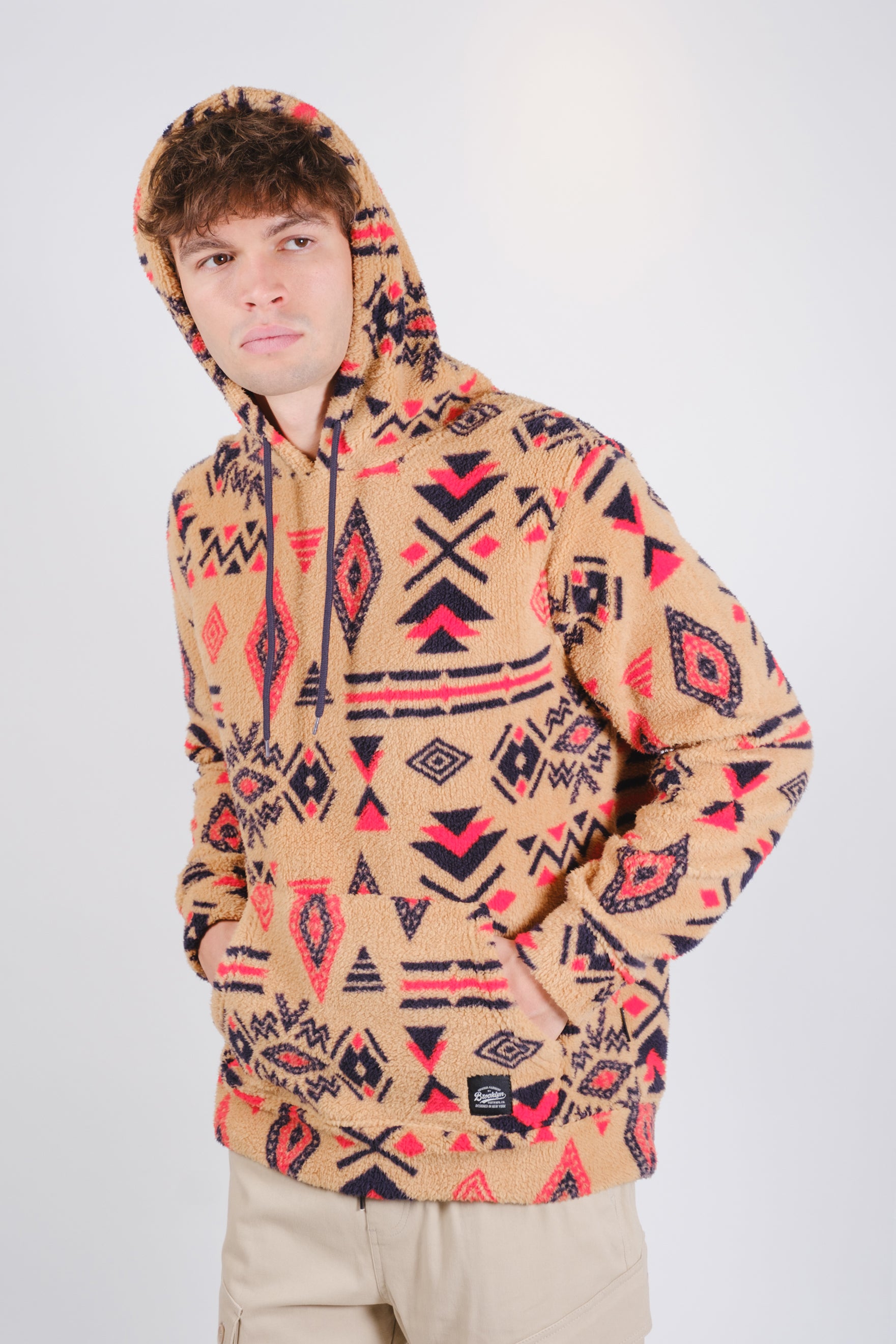 Tribal Print Sherpa Hoodie
Men's comfy soft sherpa long sleeve drawstring multicolored tribal printed camel, red and blue hoodie. #color_camel