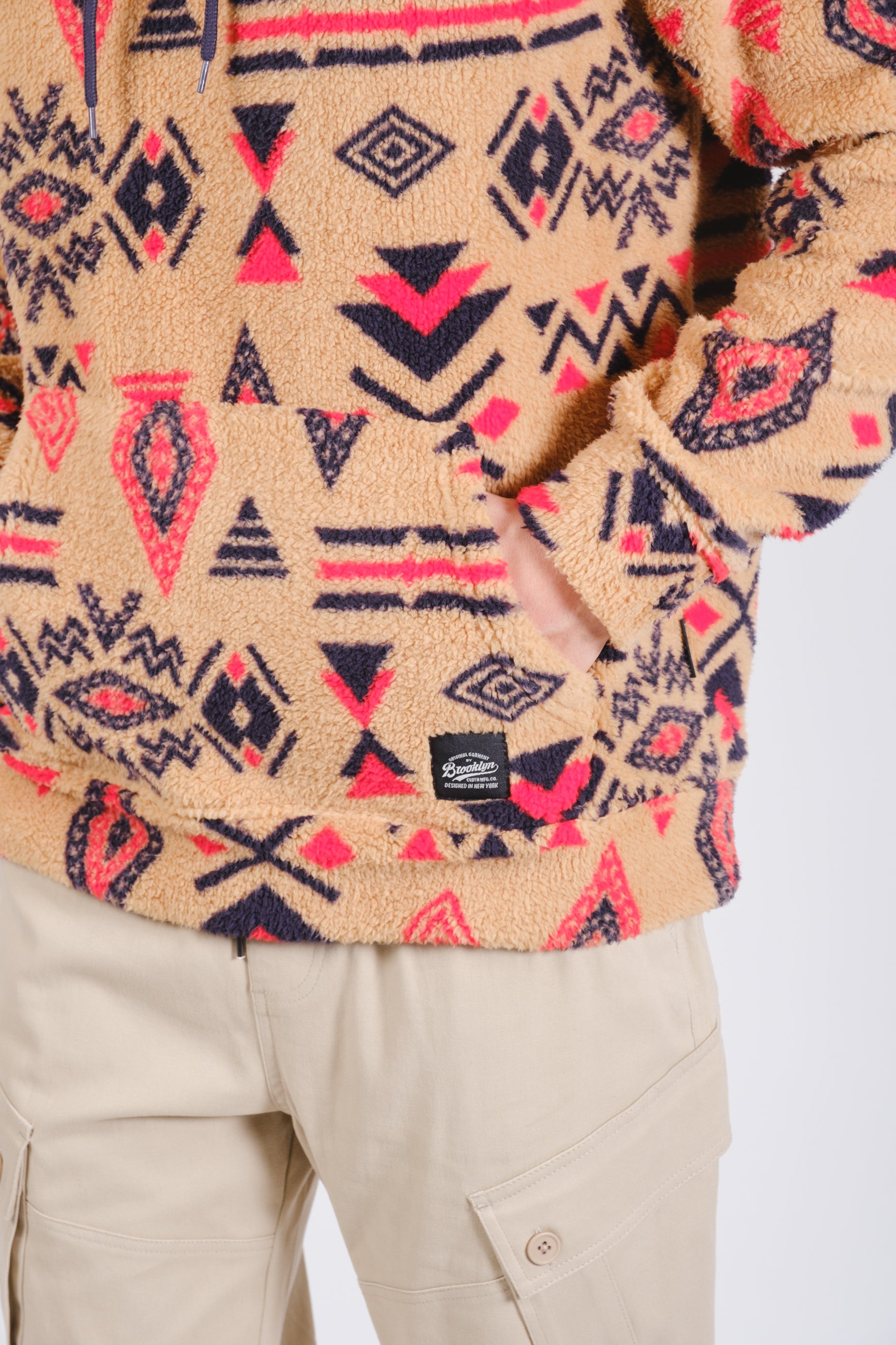 Tribal Sherpa Men's Hoodie
Men's comfy soft sherpa long sleeve drawstring multicolored tribal printed camel, red and blue hoodie. #color_camel