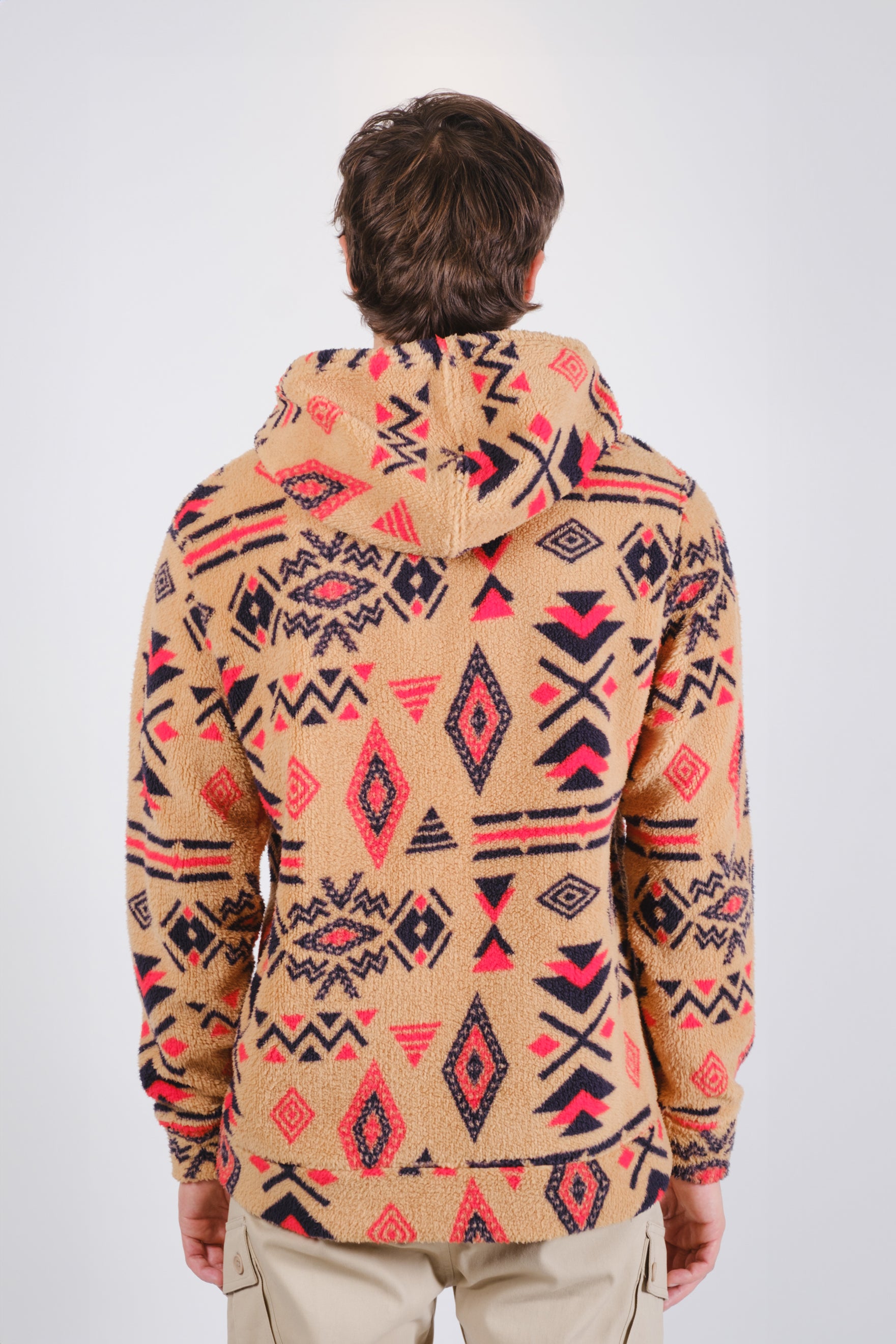 Printed Sherpa Hoodie Men's comfy soft sherpa long sleeve drawstring multicolored tribal printed camel, red and blue hoodie. #color_camel